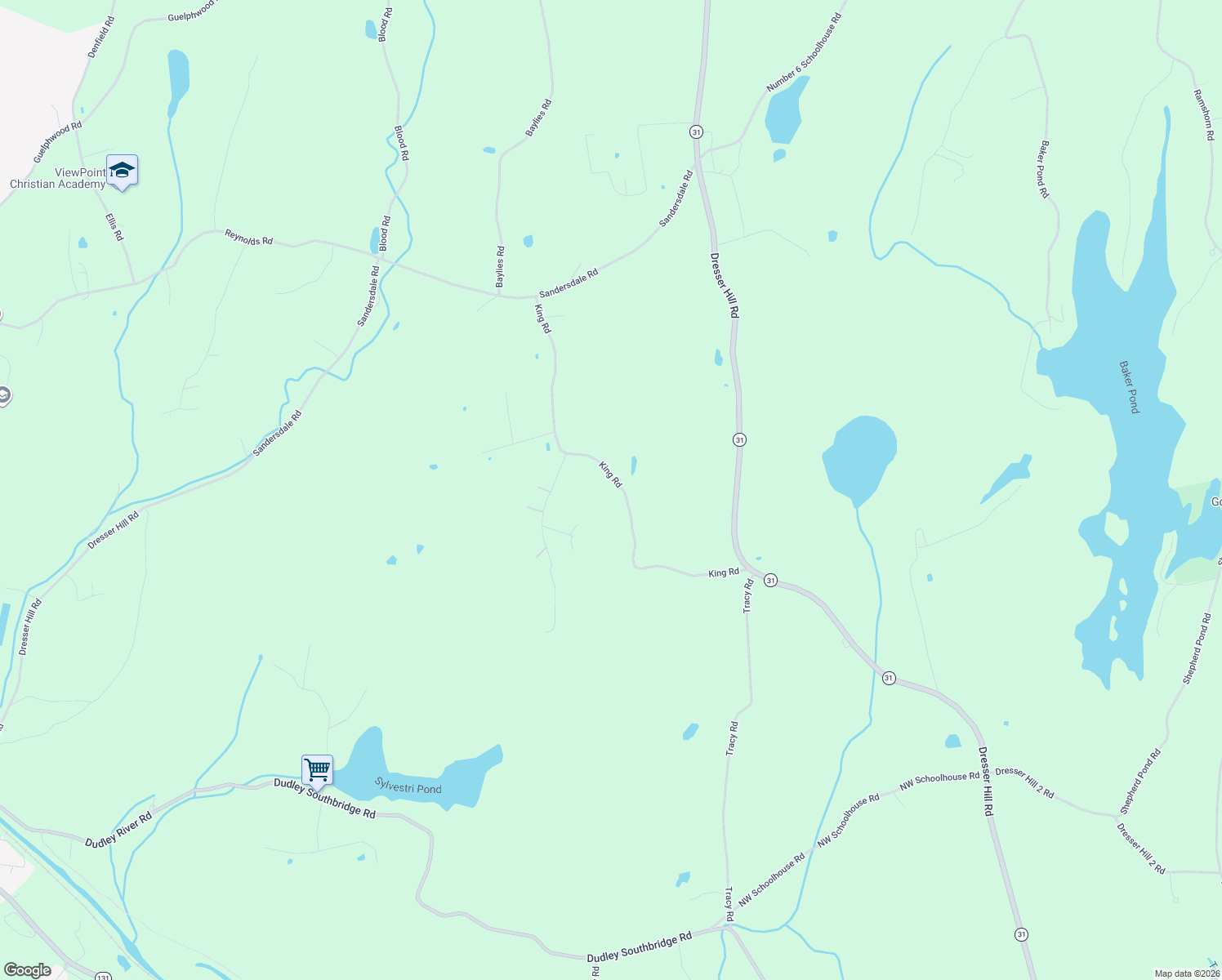 map of restaurants, bars, coffee shops, grocery stores, and more near 66 King Road in Charlton