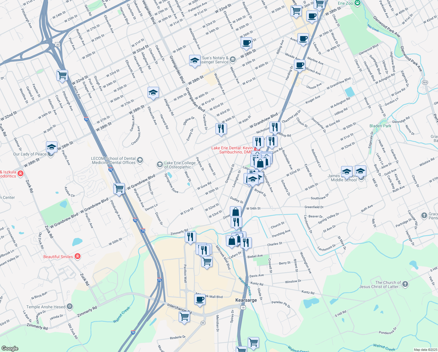 map of restaurants, bars, coffee shops, grocery stores, and more near 1720 W Gore Rd in Erie