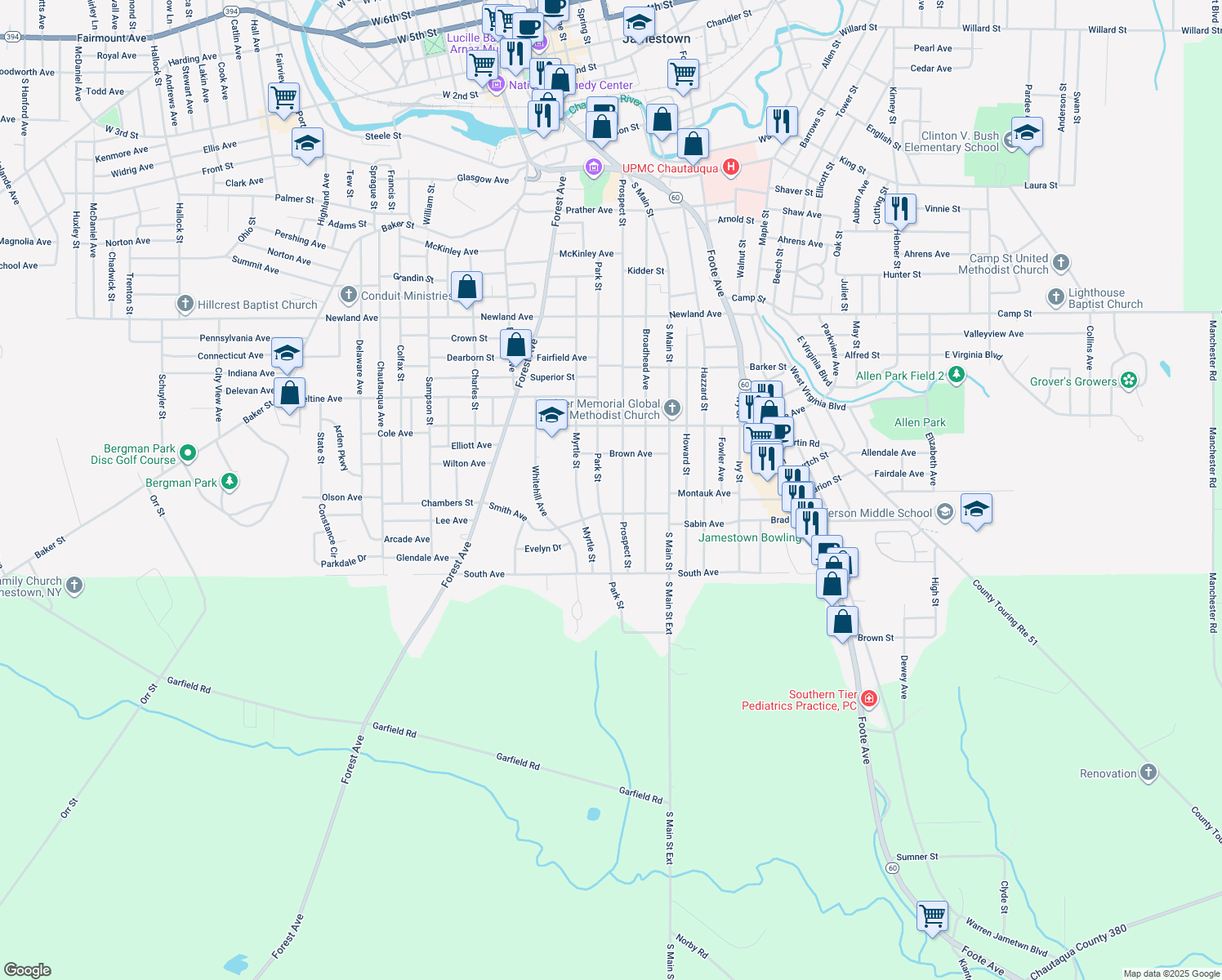 map of restaurants, bars, coffee shops, grocery stores, and more near 530 Prospect Street in Jamestown
