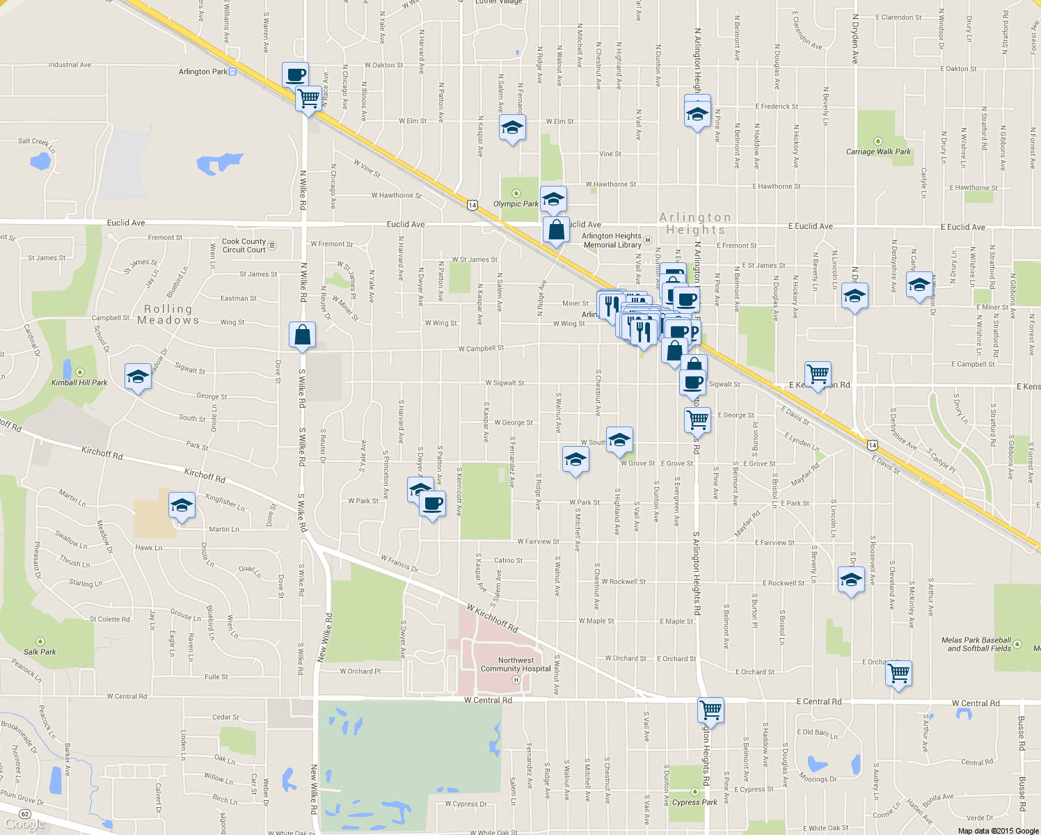 map of restaurants, bars, coffee shops, grocery stores, and more near 616 West George Street in Arlington Heights