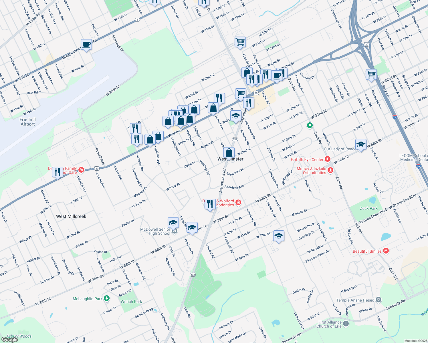 map of restaurants, bars, coffee shops, grocery stores, and more near 3267 West 32nd Street in Erie