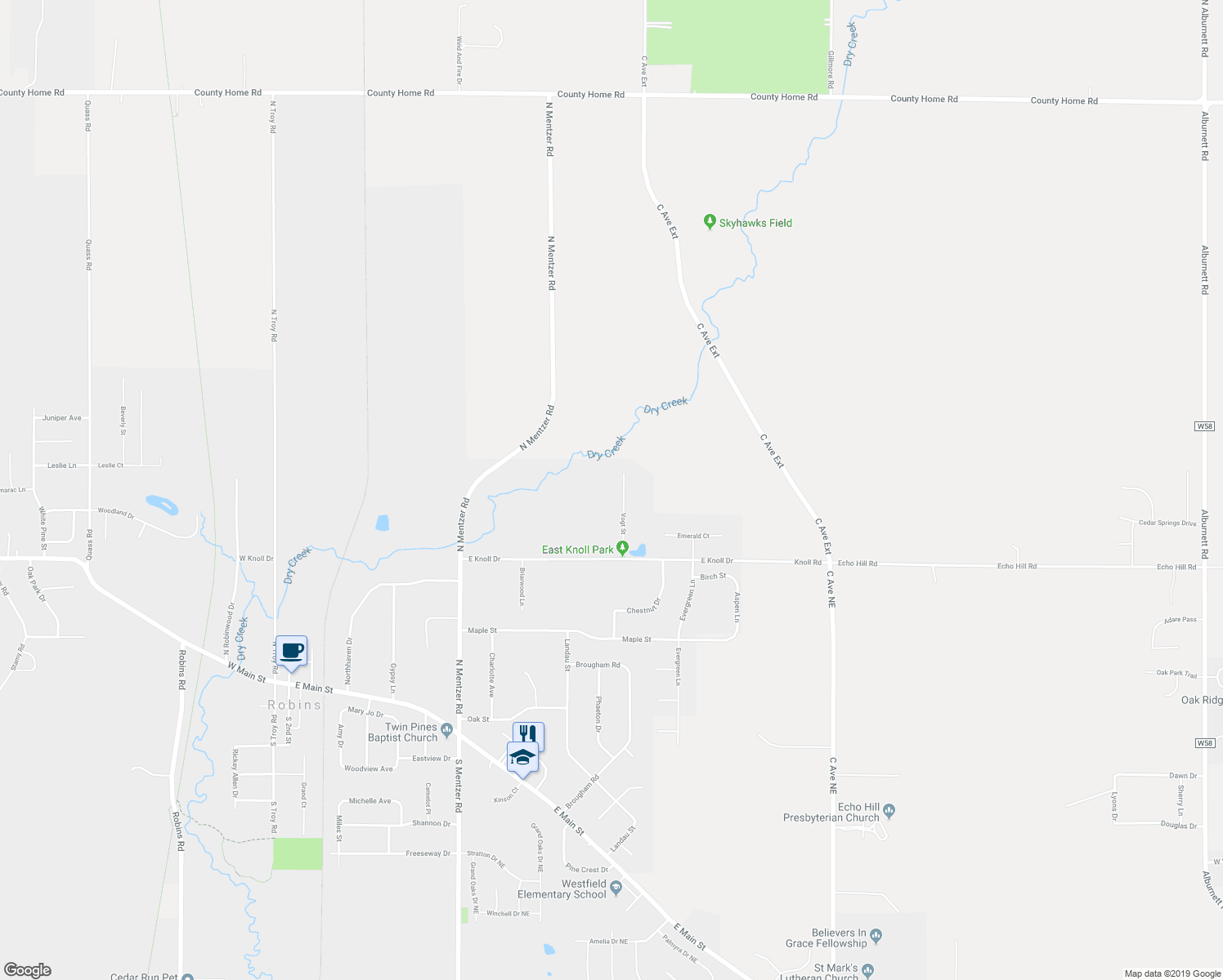 map of restaurants, bars, coffee shops, grocery stores, and more near 1185 Vogt Street in Robins