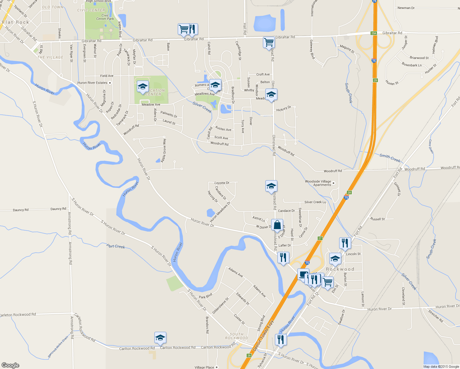 map of restaurants, bars, coffee shops, grocery stores, and more near 20159 Lezotte Drive in Rockwood