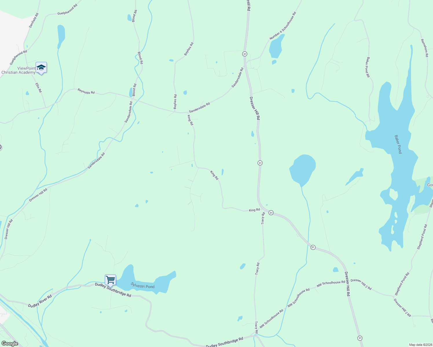 map of restaurants, bars, coffee shops, grocery stores, and more near 66 King Road in Charlton