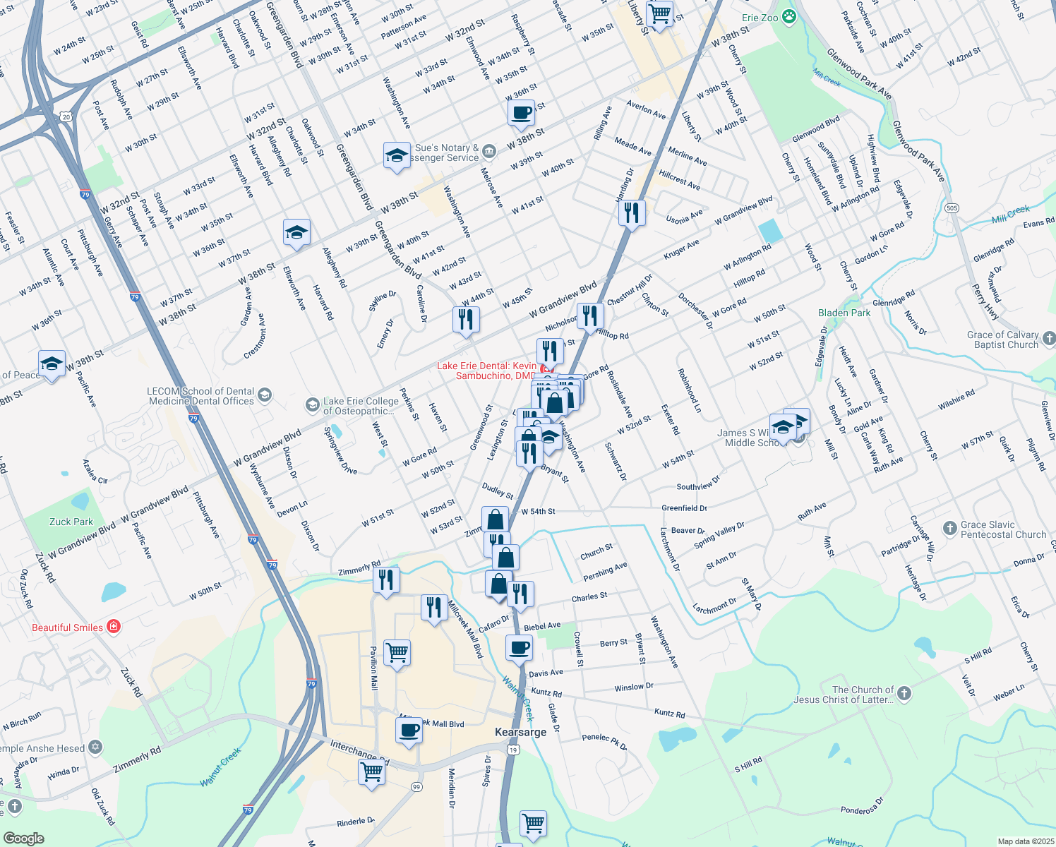map of restaurants, bars, coffee shops, grocery stores, and more near 5105 Richmond St in Erie