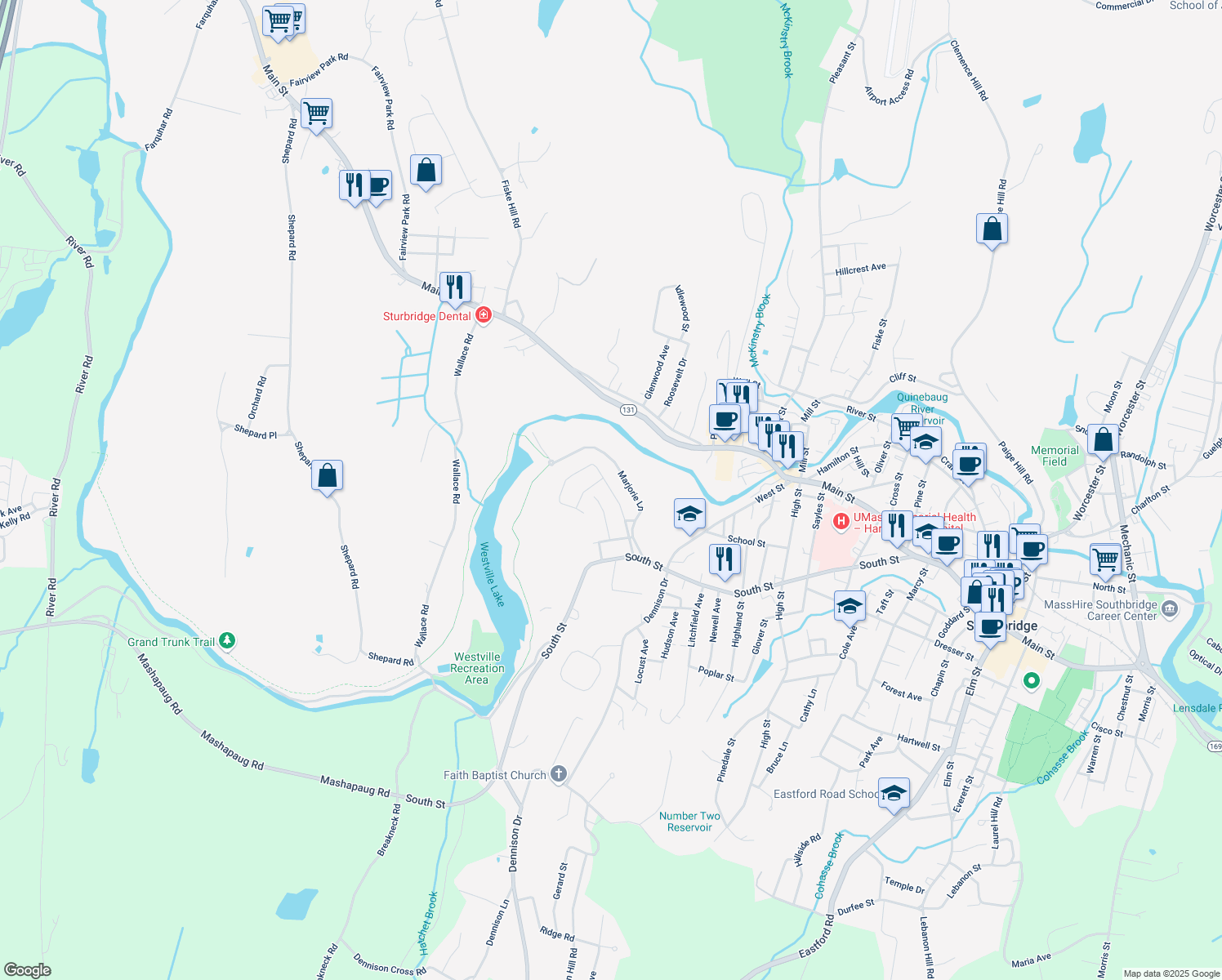 map of restaurants, bars, coffee shops, grocery stores, and more near 78 Westwood Parkway in Southbridge