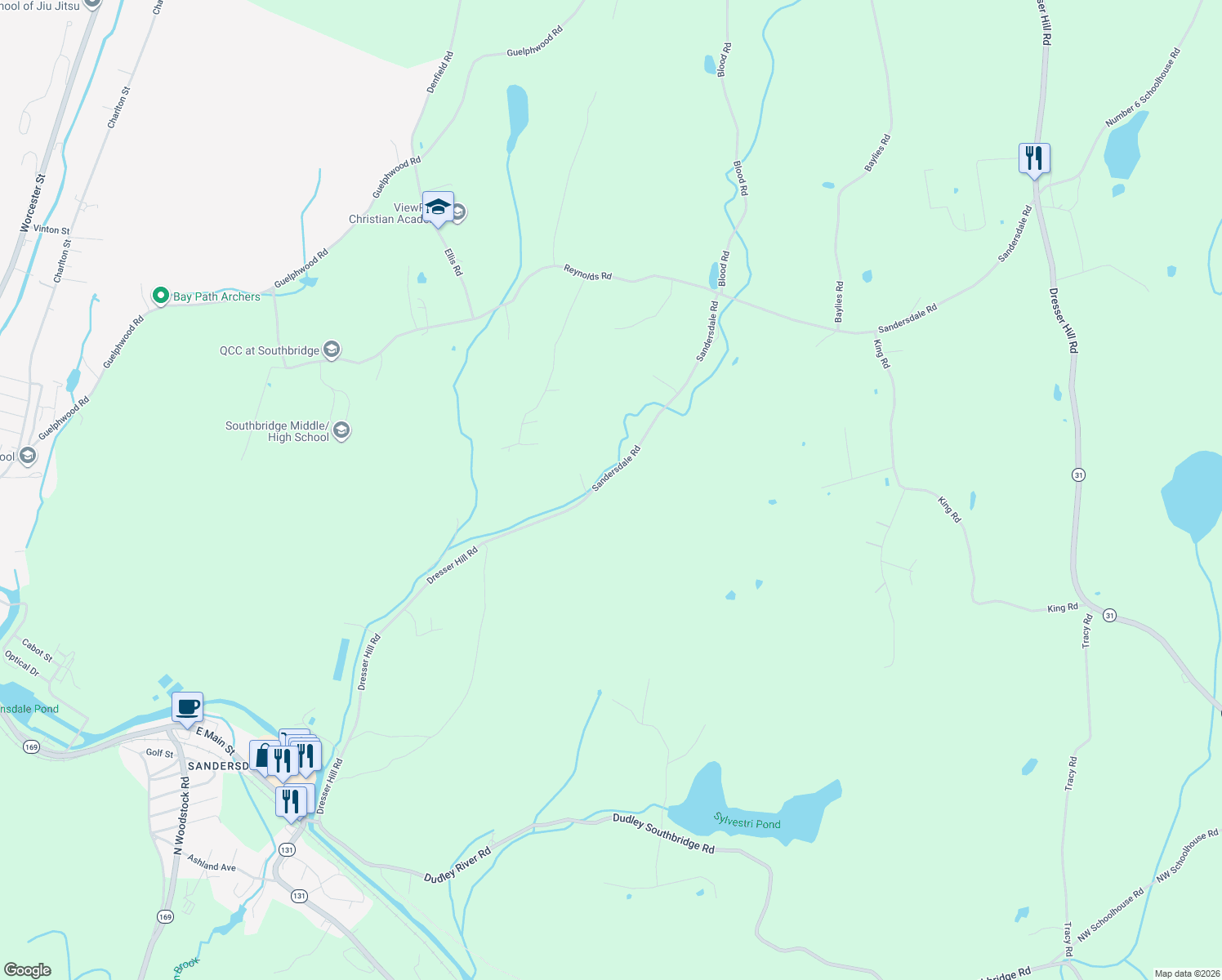 map of restaurants, bars, coffee shops, grocery stores, and more near 162 Saundersdale Road in Charlton