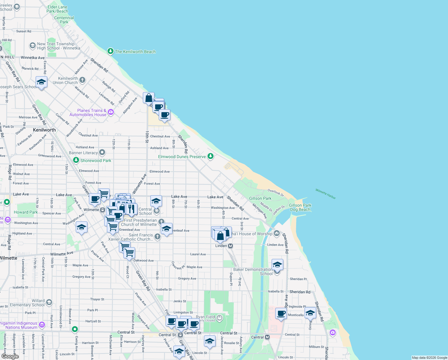 map of restaurants, bars, coffee shops, grocery stores, and more near 929 Michigan Ave in Wilmette