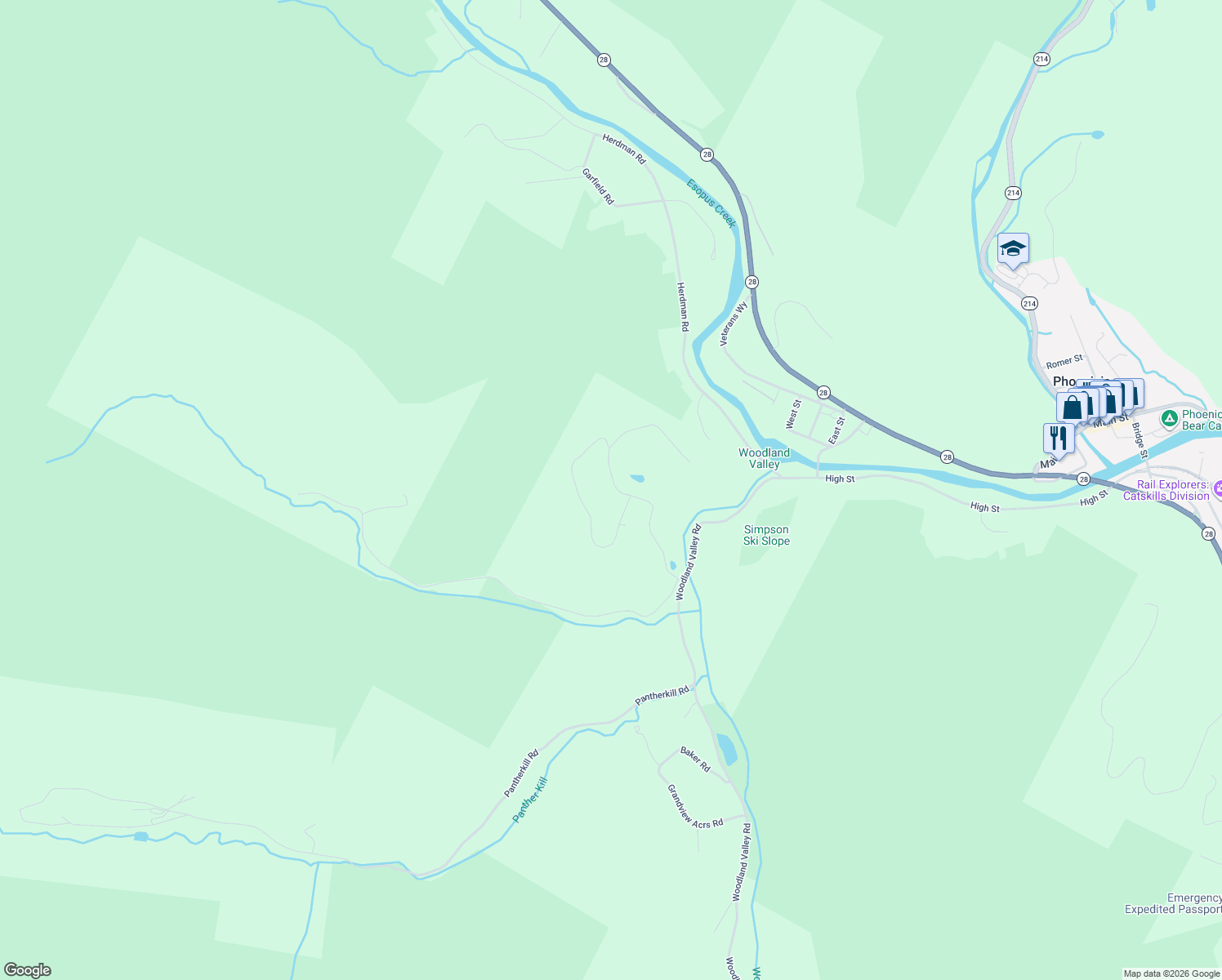 map of restaurants, bars, coffee shops, grocery stores, and more near 108 Circle Drive in Phoenicia