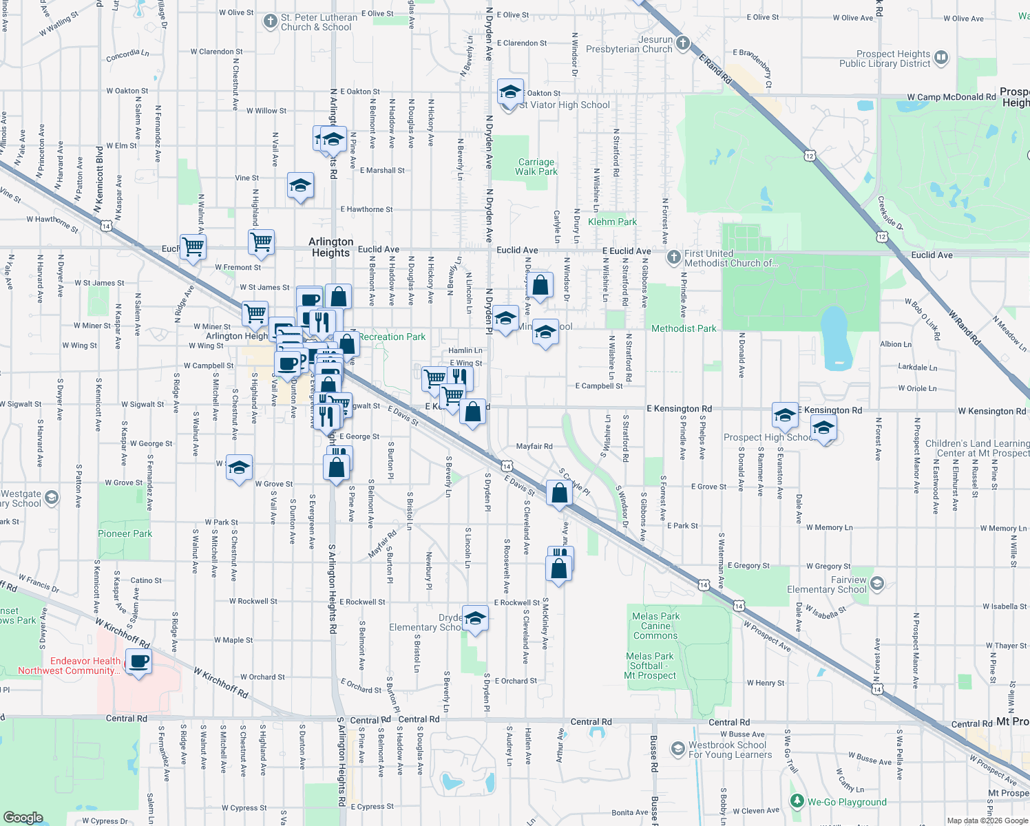map of restaurants, bars, coffee shops, grocery stores, and more near 1107 E Kensington Rd in Arlington Heights