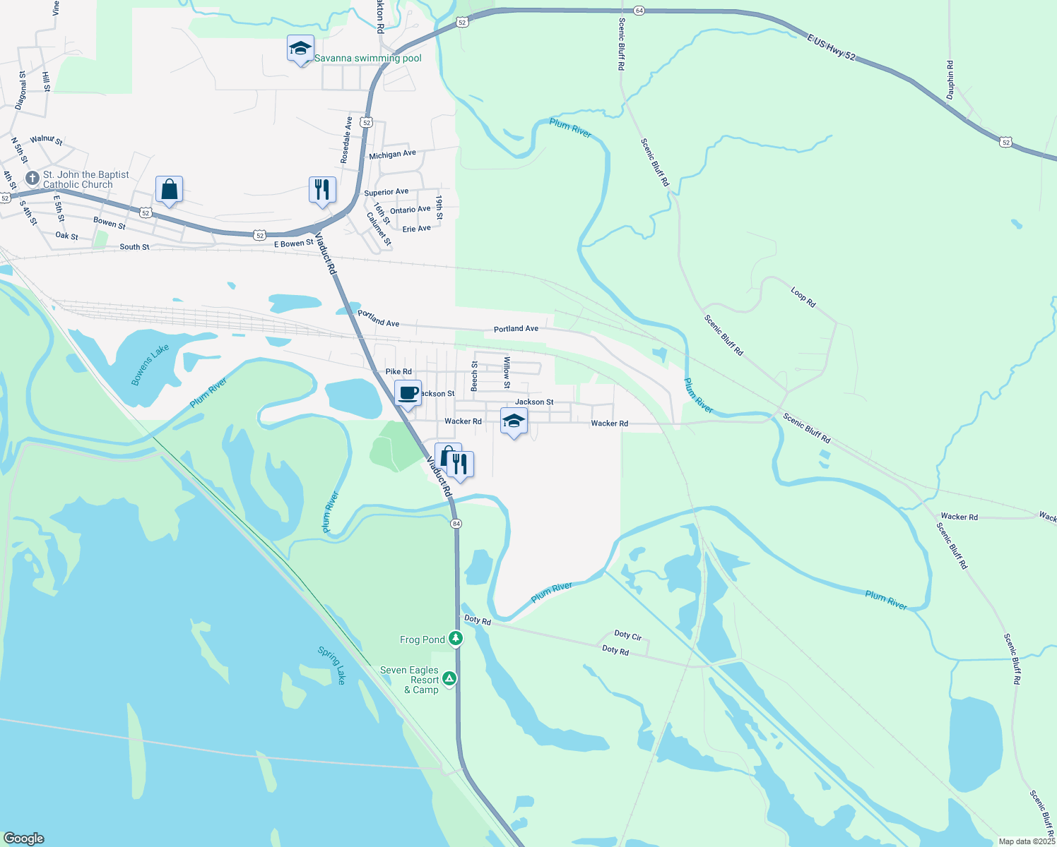map of restaurants, bars, coffee shops, grocery stores, and more near 2298 Wacker Rd in Savanna