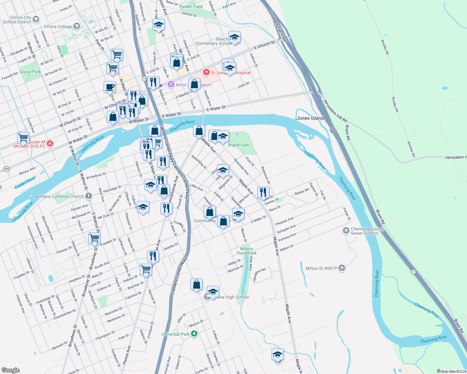 map of restaurants, bars, coffee shops, grocery stores, and more near 309 Home Street in Elmira