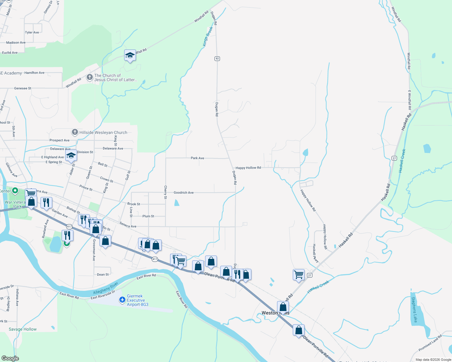 map of restaurants, bars, coffee shops, grocery stores, and more near 1877 Dugan Rd in Olean