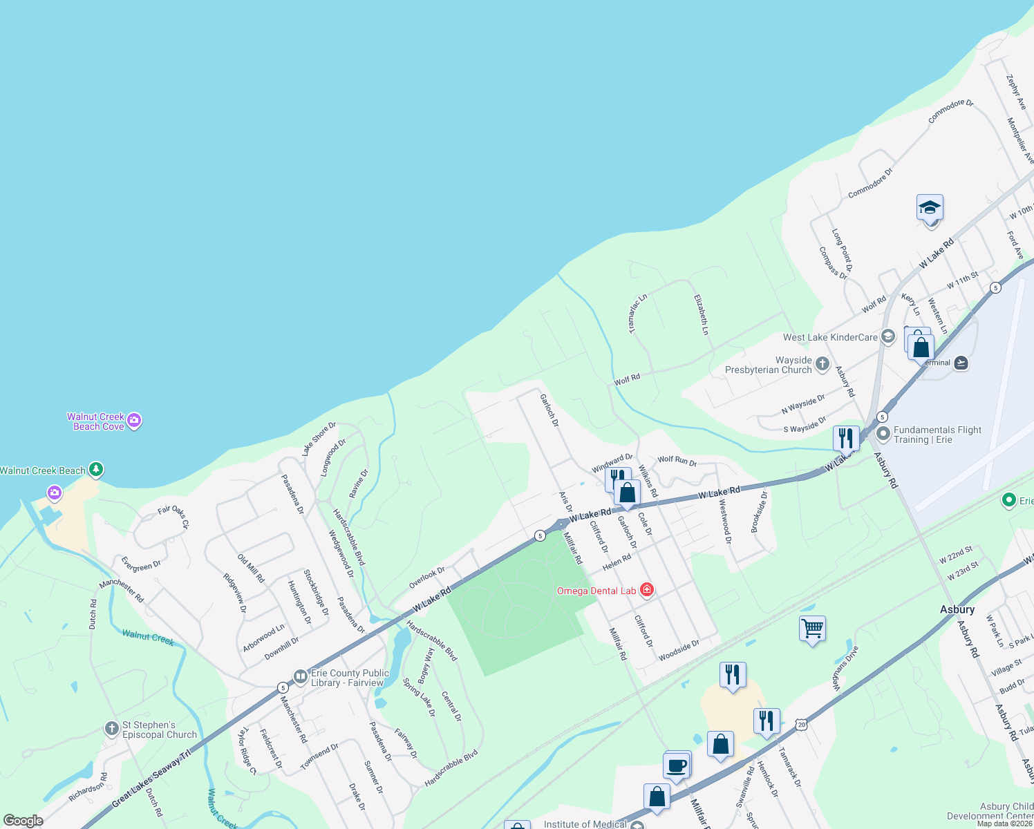 map of restaurants, bars, coffee shops, grocery stores, and more near 818 Aris Dr in Erie
