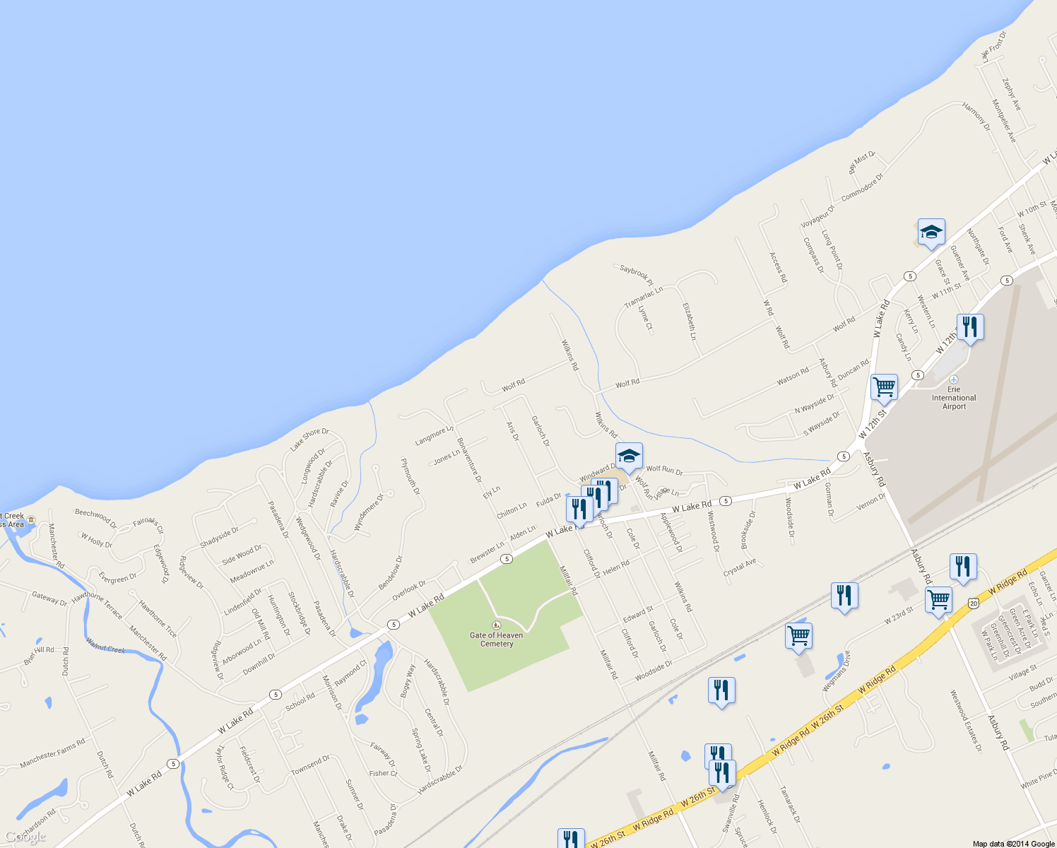 map of restaurants, bars, coffee shops, grocery stores, and more near 990 Garloch Dr in Erie