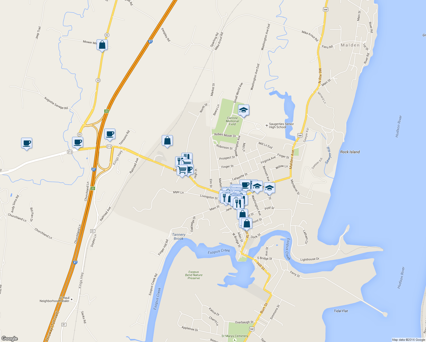 map of restaurants, bars, coffee shops, grocery stores, and more near 55 Elm St in Saugerties