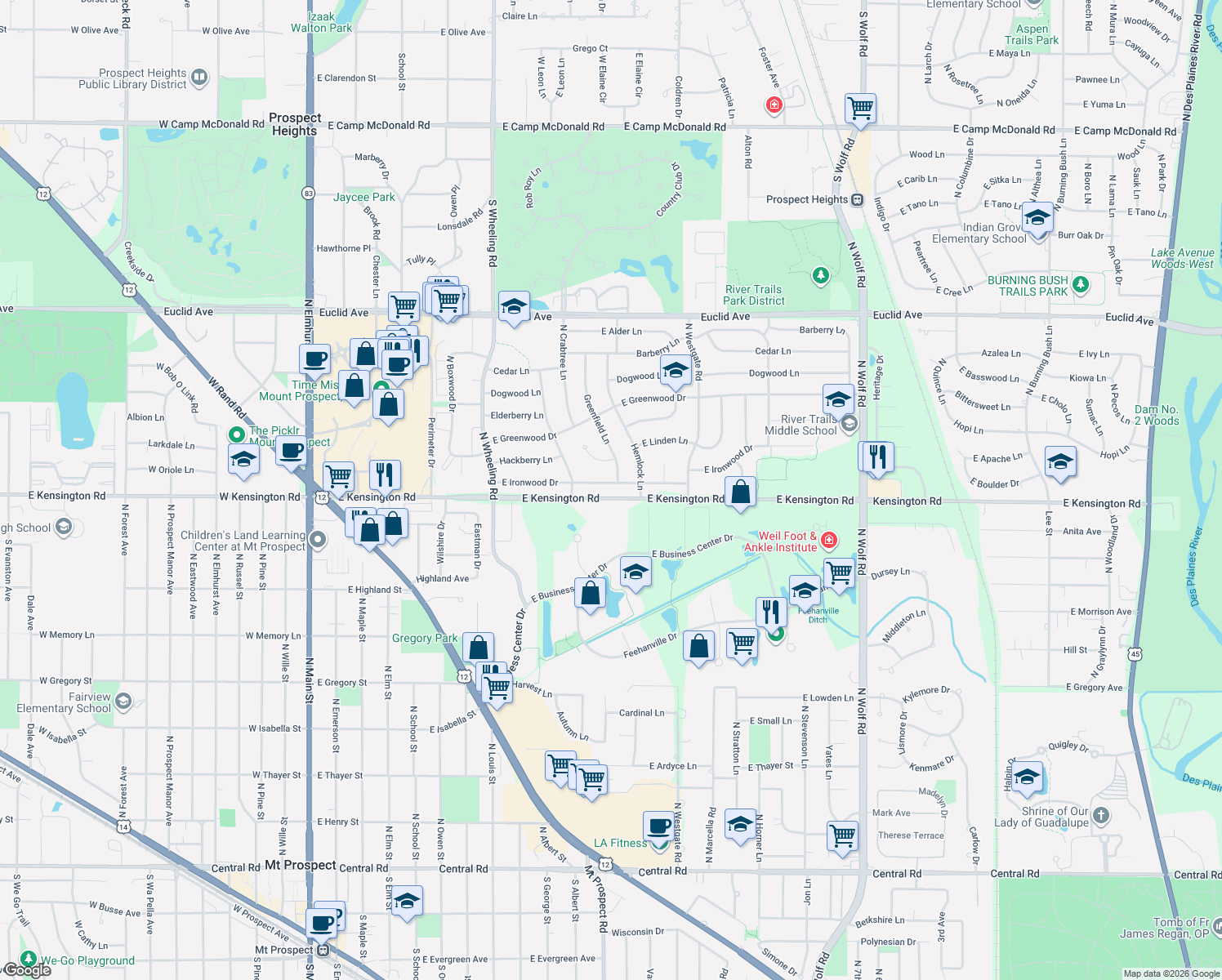 map of restaurants, bars, coffee shops, grocery stores, and more near 915 East Ironwood Drive in Mount Prospect