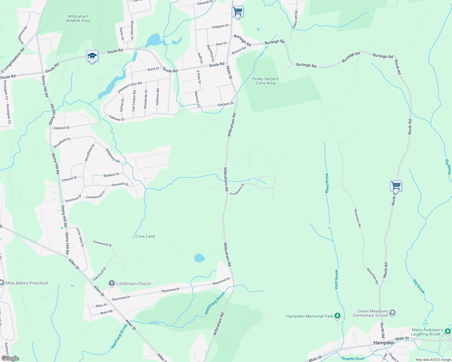 map of restaurants, bars, coffee shops, grocery stores, and more near 327 Wilbraham Rd in Hampden