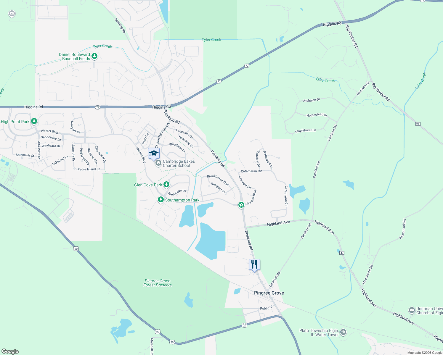 map of restaurants, bars, coffee shops, grocery stores, and more near 370 Brookhaven Trail in Pingree Grove