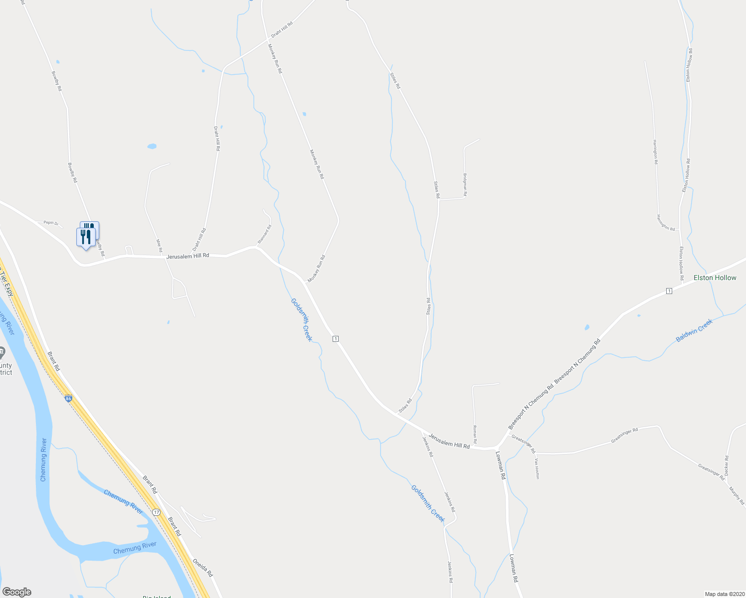 map of restaurants, bars, coffee shops, grocery stores, and more near 423 Jerusalem Hill Road in Elmira