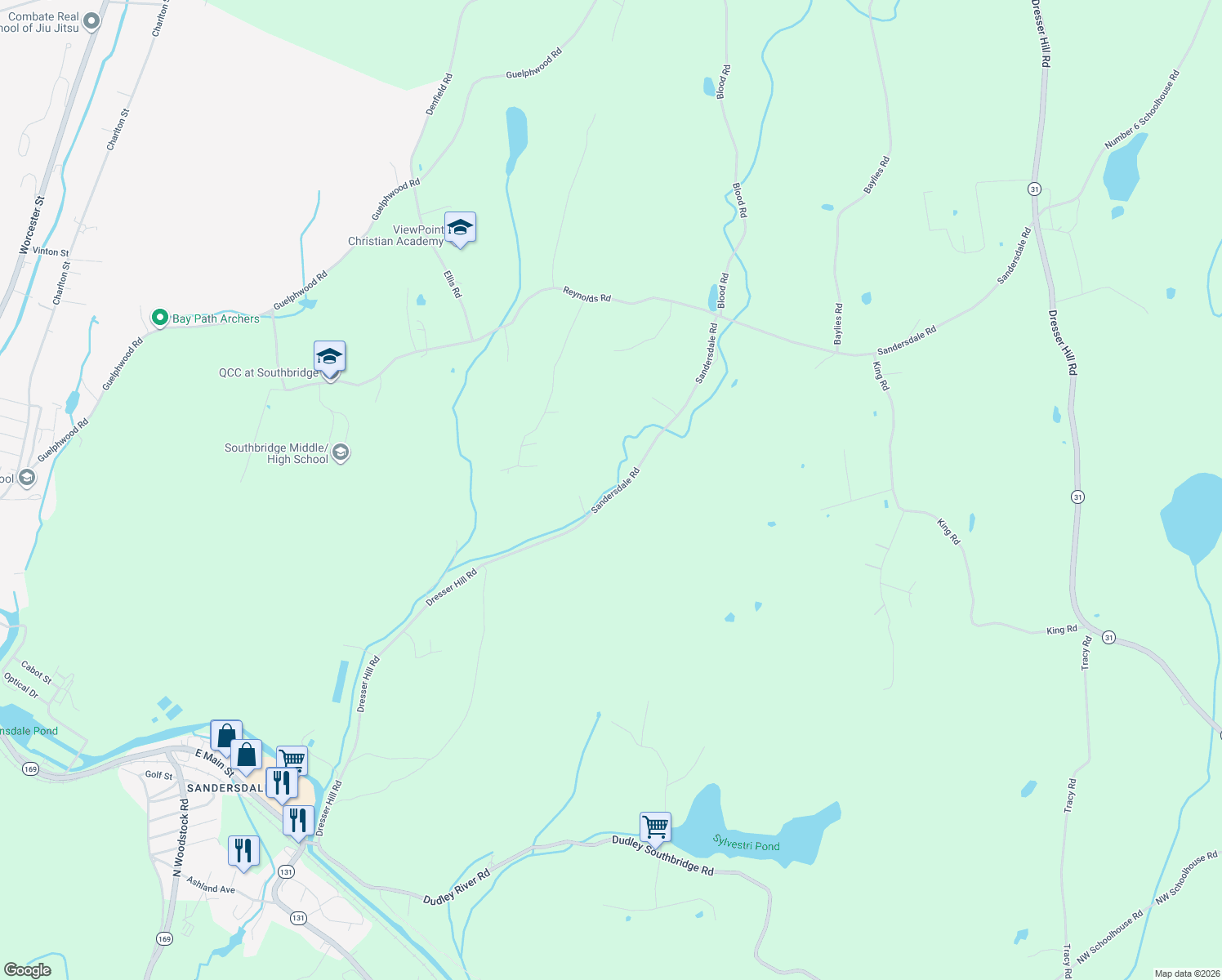 map of restaurants, bars, coffee shops, grocery stores, and more near 162 Saundersdale Road in Charlton