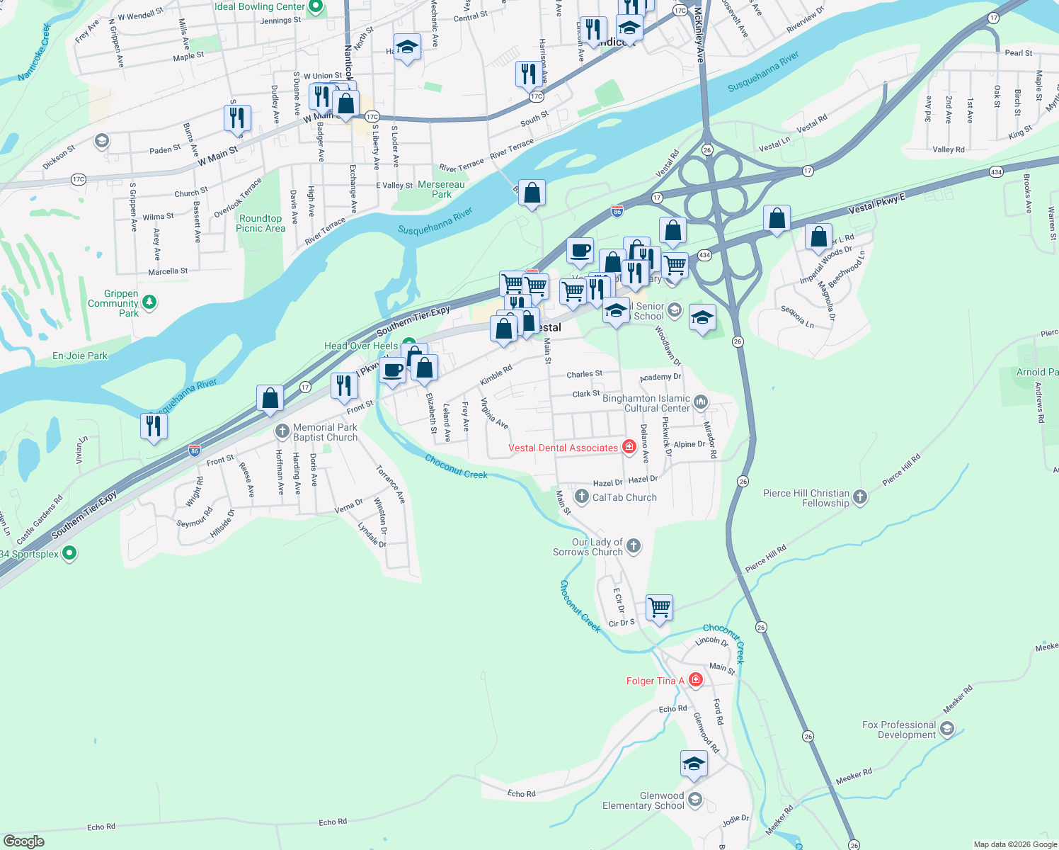 map of restaurants, bars, coffee shops, grocery stores, and more near 116 George St in Vestal