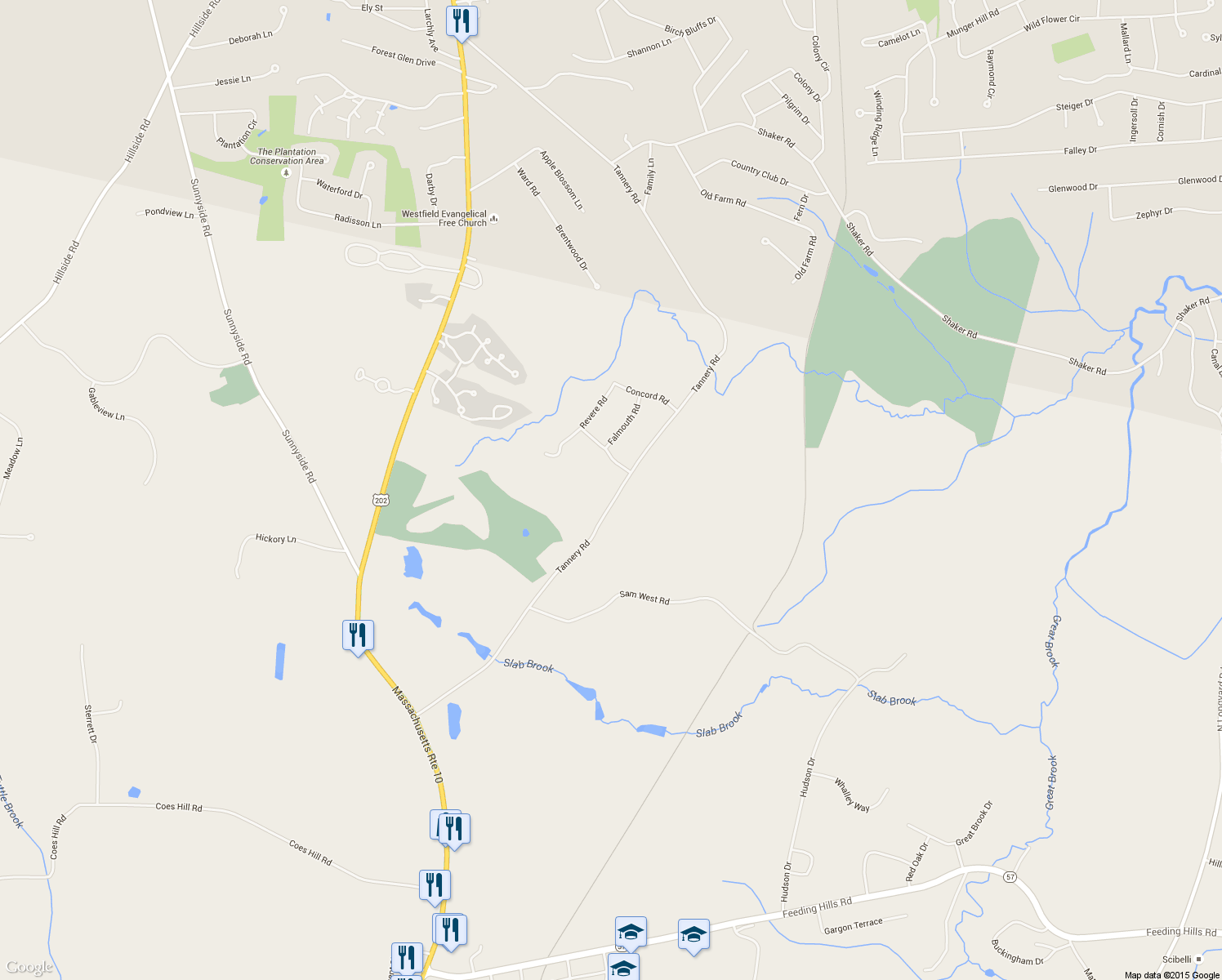 map of restaurants, bars, coffee shops, grocery stores, and more near 43 Tannery Road in Southwick