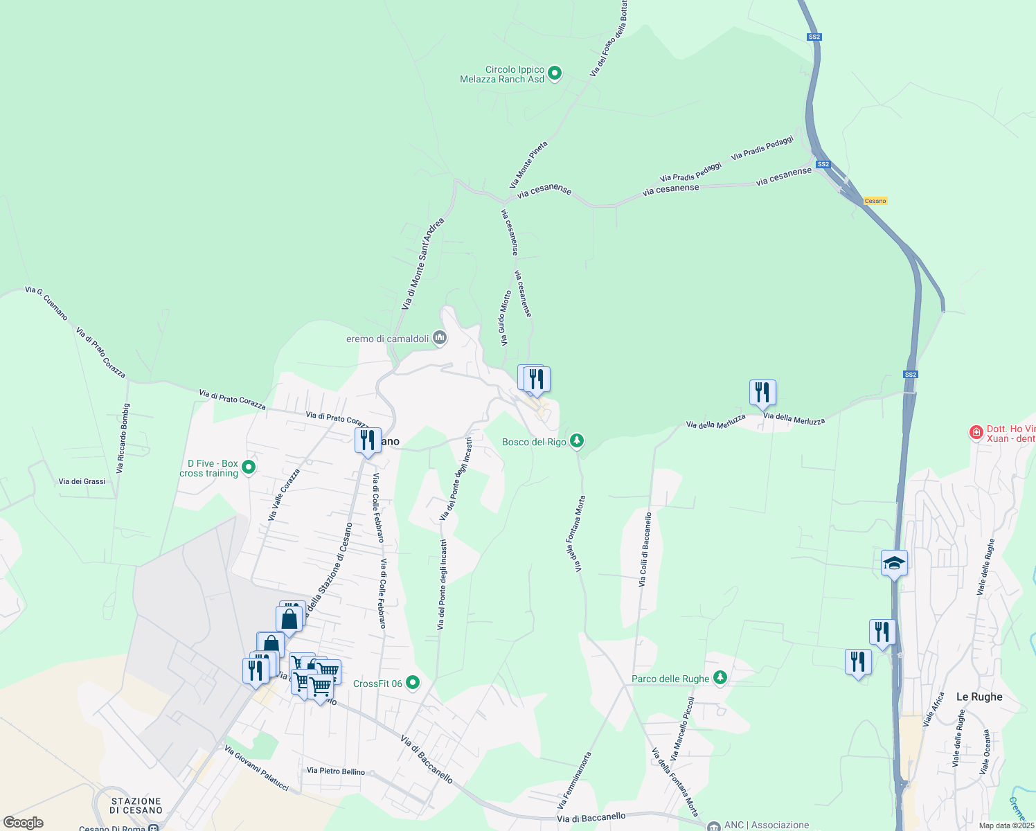 map of restaurants, bars, coffee shops, grocery stores, and more near 10 Via della Fontana Morta in Cesano