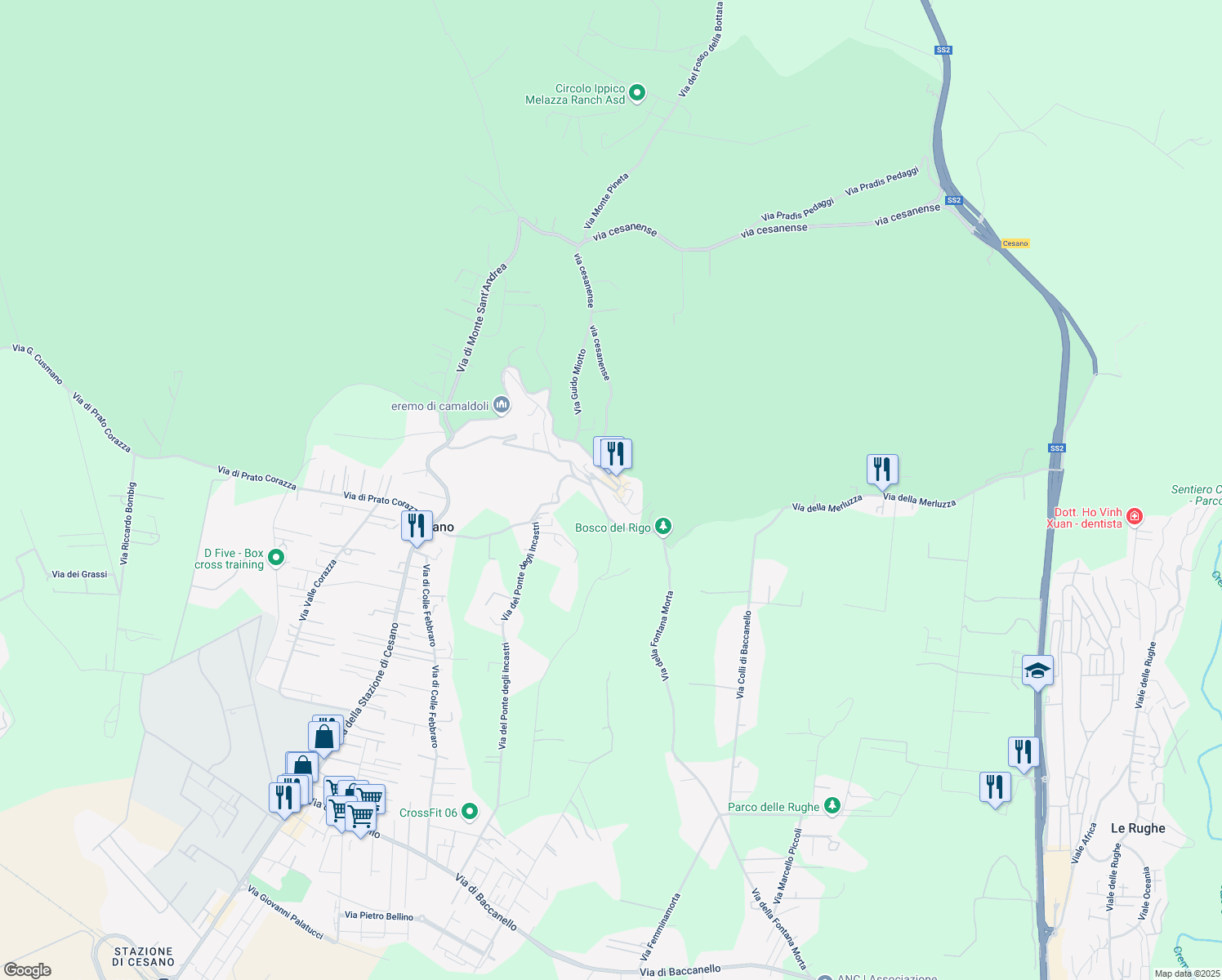map of restaurants, bars, coffee shops, grocery stores, and more near 10 Via della Fontana Morta in Cesano