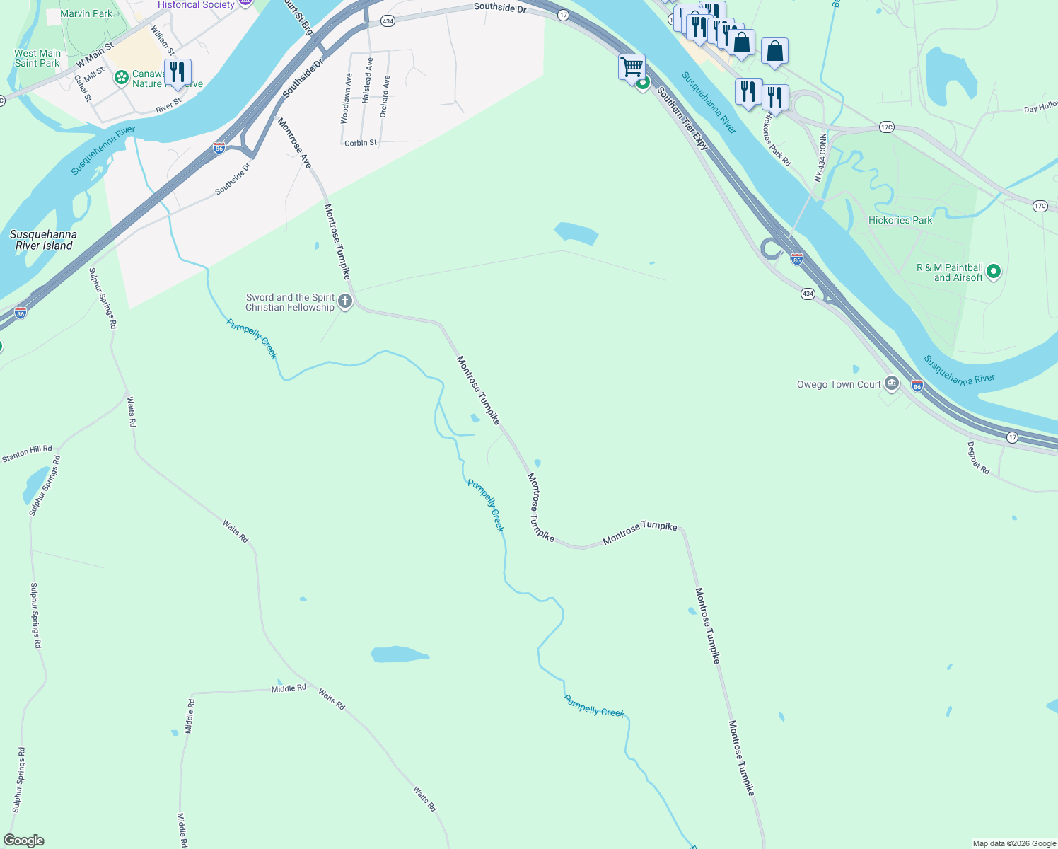 map of restaurants, bars, coffee shops, grocery stores, and more near 1309 Montrose Turnpike in Owego