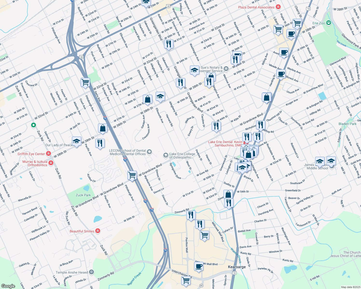 map of restaurants, bars, coffee shops, grocery stores, and more near 4498 Harvard Rd in Erie