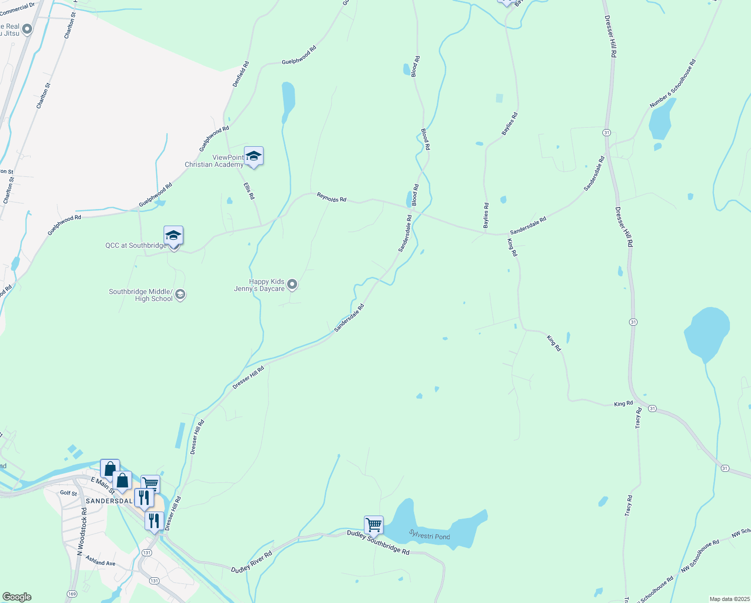 map of restaurants, bars, coffee shops, grocery stores, and more near 155 Saundersdale Road in Charlton