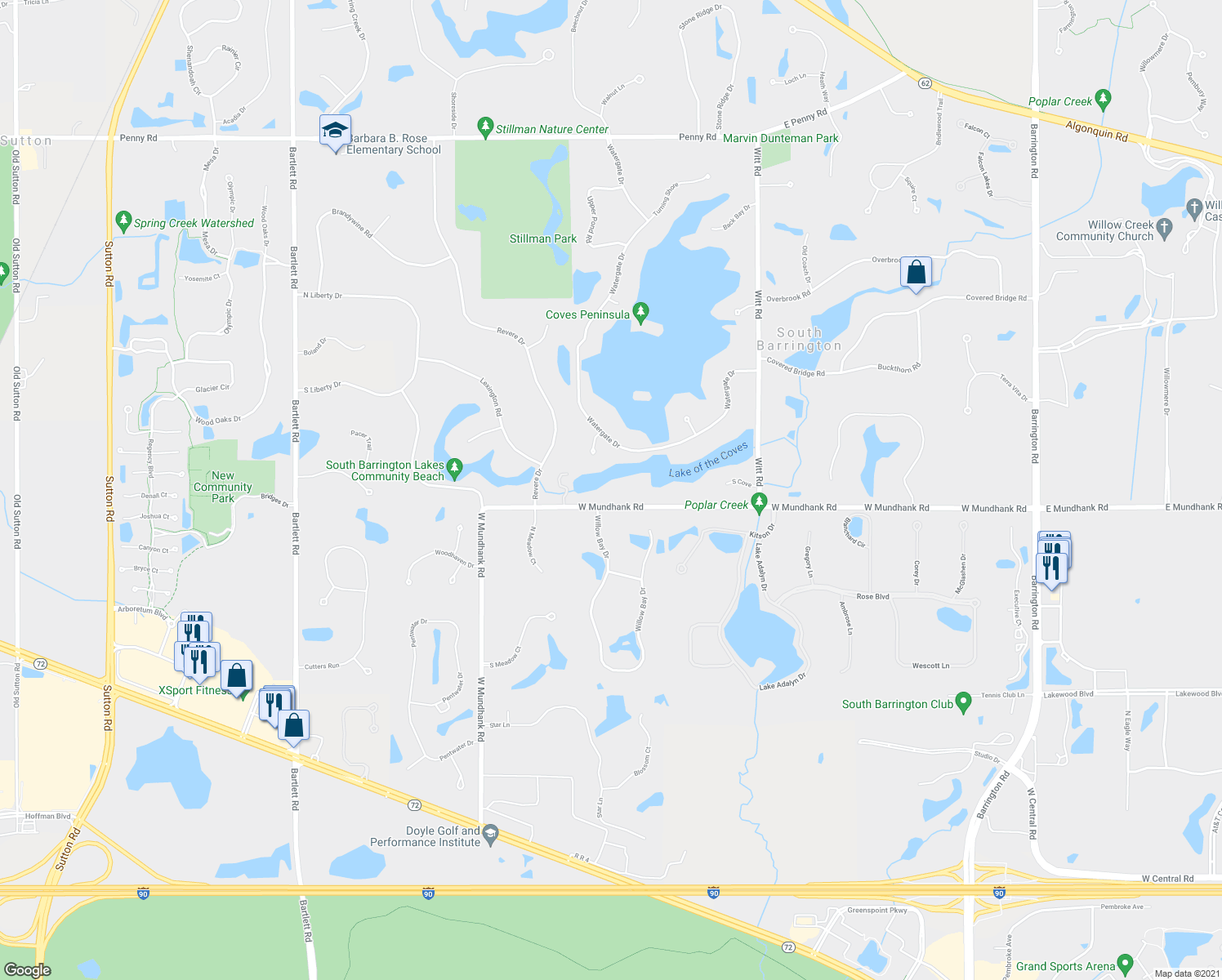 map of restaurants, bars, coffee shops, grocery stores, and more near 26 West Mundhank Road in South Barrington