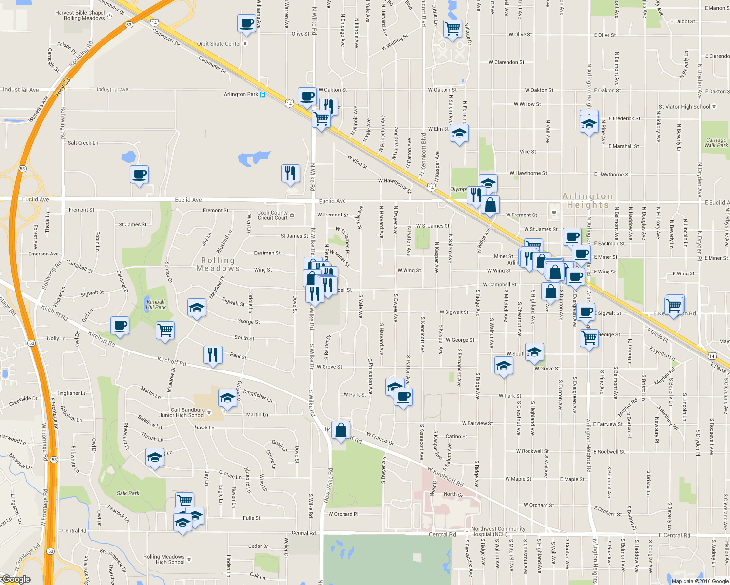 map of restaurants, bars, coffee shops, grocery stores, and more near 3 South Yale Avenue in Arlington Heights