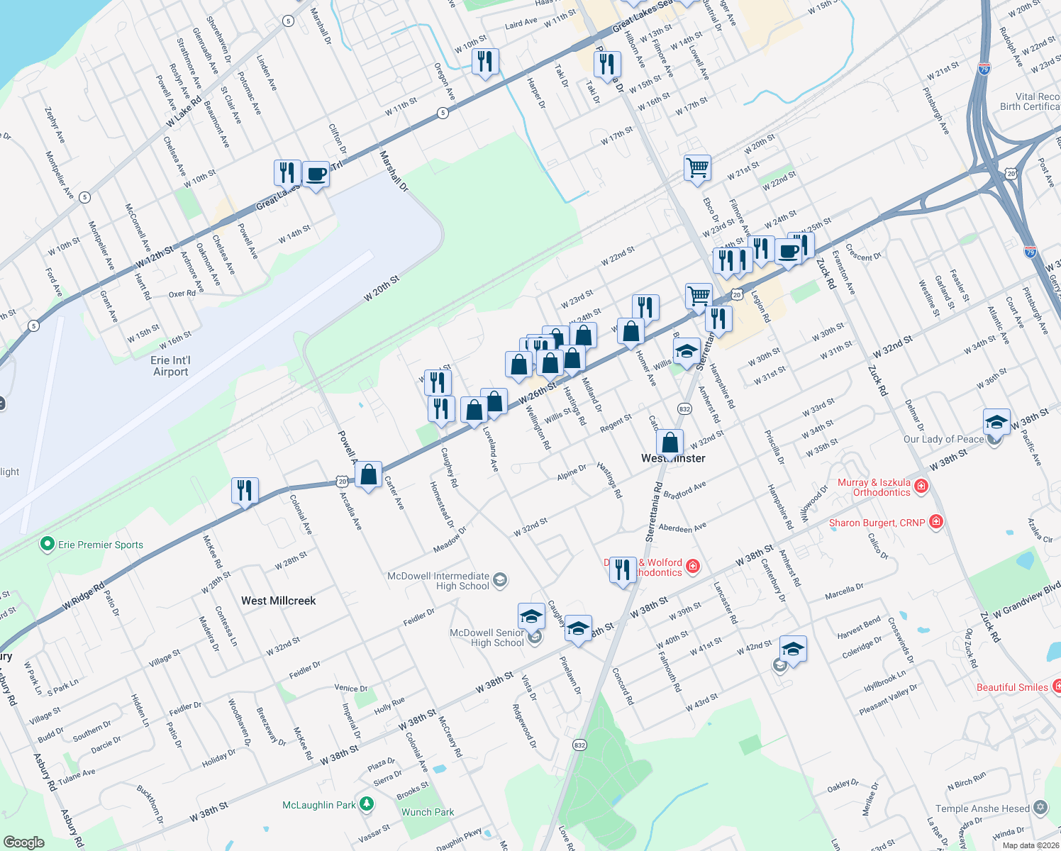 map of restaurants, bars, coffee shops, grocery stores, and more near 2718 Wellington Rd in Erie