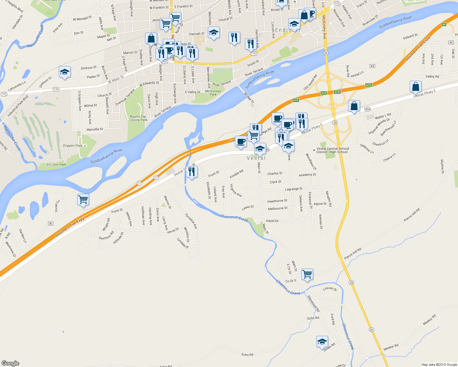 map of restaurants, bars, coffee shops, grocery stores, and more near 300 Virginia Avenue in Vestal