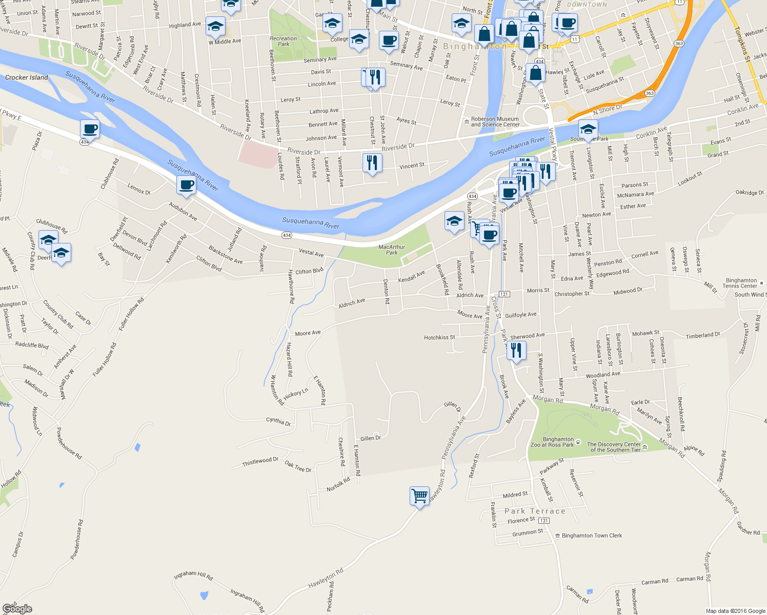 map of restaurants, bars, coffee shops, grocery stores, and more near 30 Denton Road in Binghamton