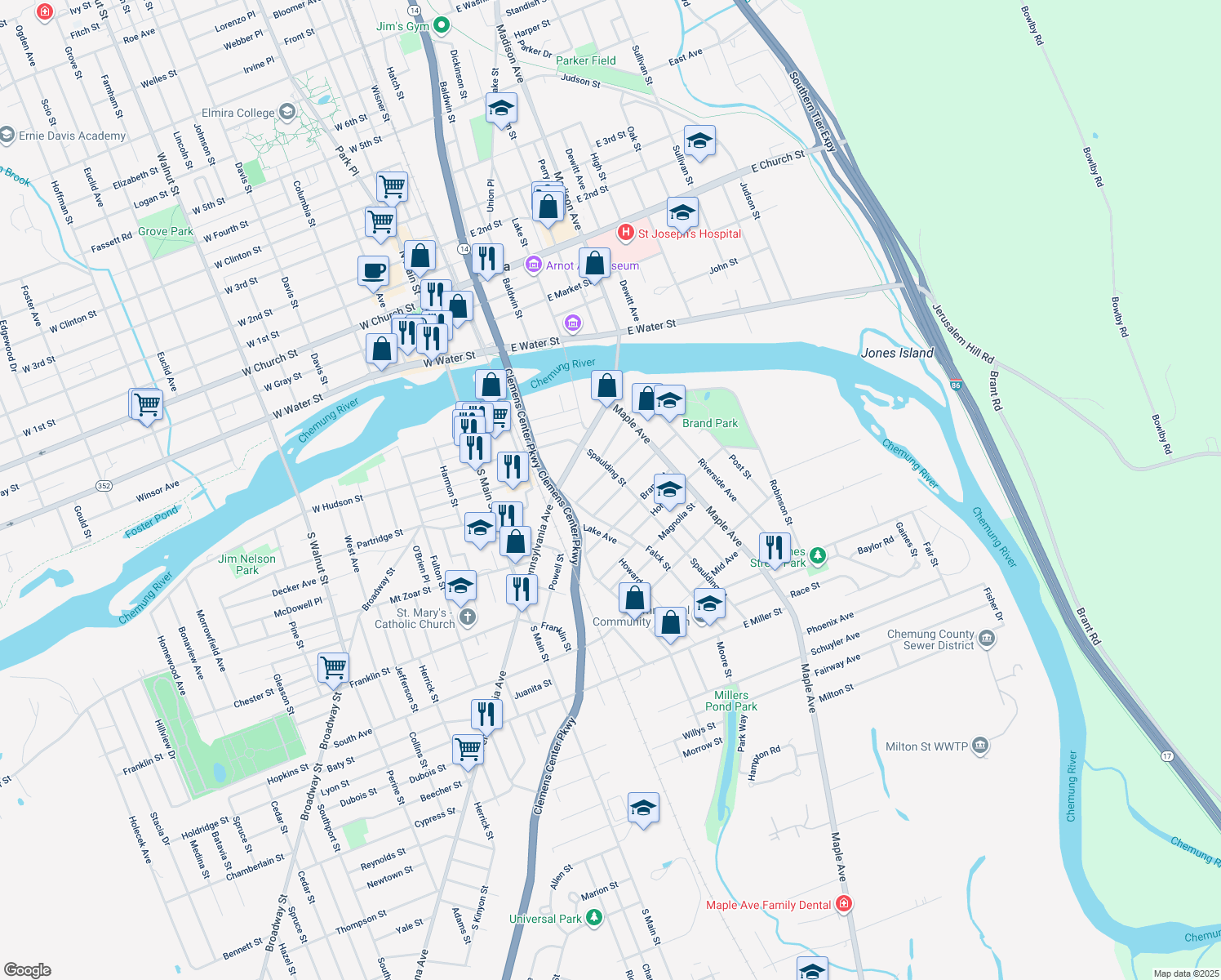 map of restaurants, bars, coffee shops, grocery stores, and more near 271 Caldwell Ave in Elmira