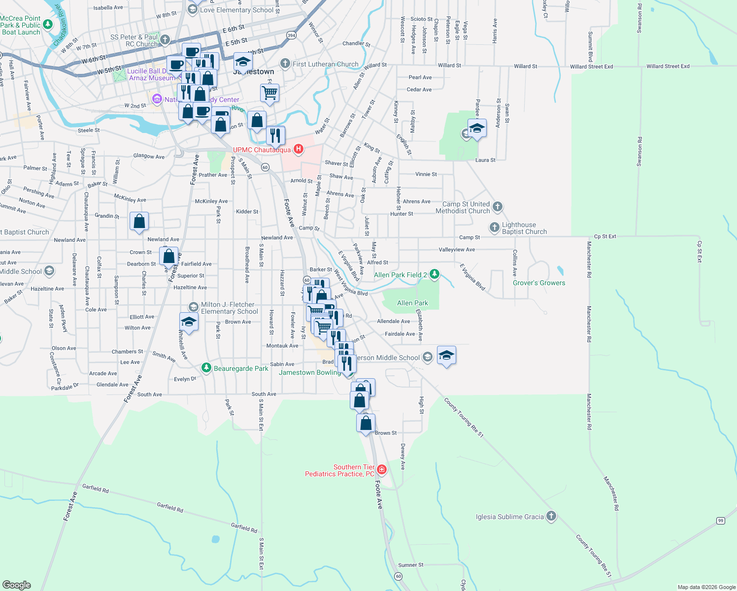 map of restaurants, bars, coffee shops, grocery stores, and more near 101 East Virginia Boulevard in Jamestown
