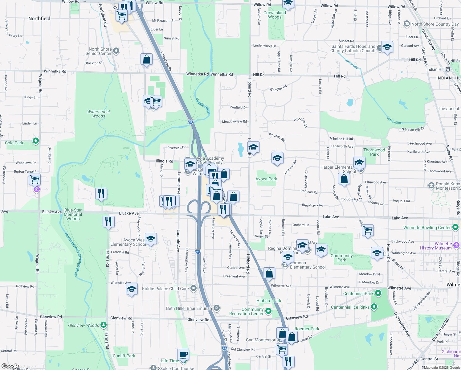 map of restaurants, bars, coffee shops, grocery stores, and more near 3137 Walden Lane in Wilmette