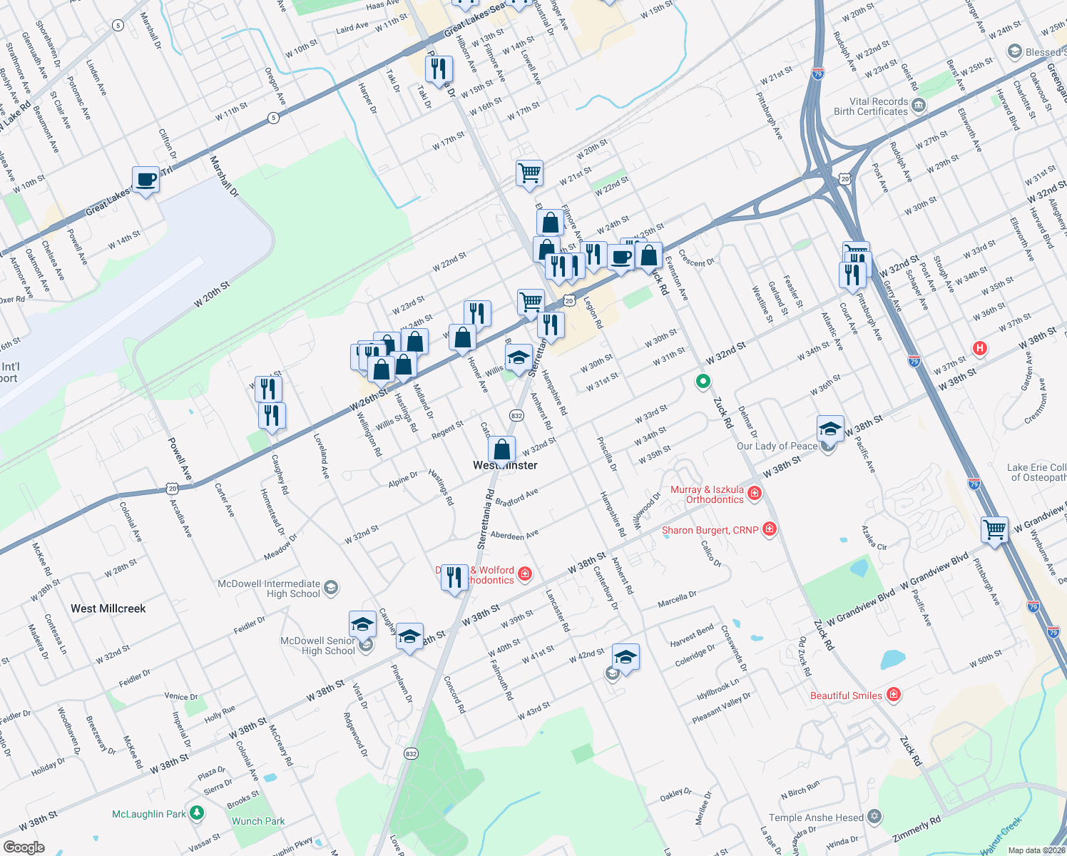 map of restaurants, bars, coffee shops, grocery stores, and more near 3103 Greeley Ave in Erie
