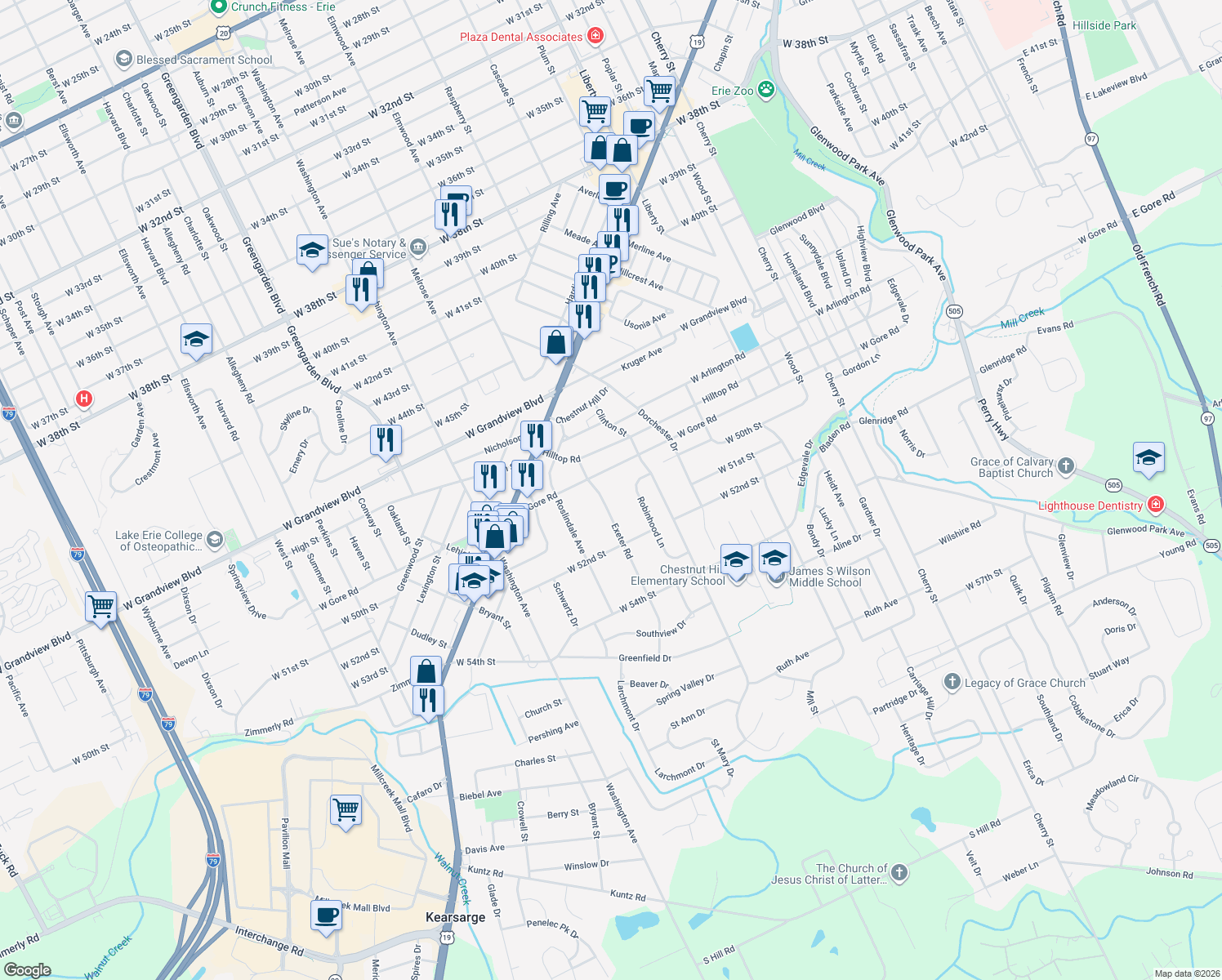 map of restaurants, bars, coffee shops, grocery stores, and more near 5025 Exeter Rd in Erie