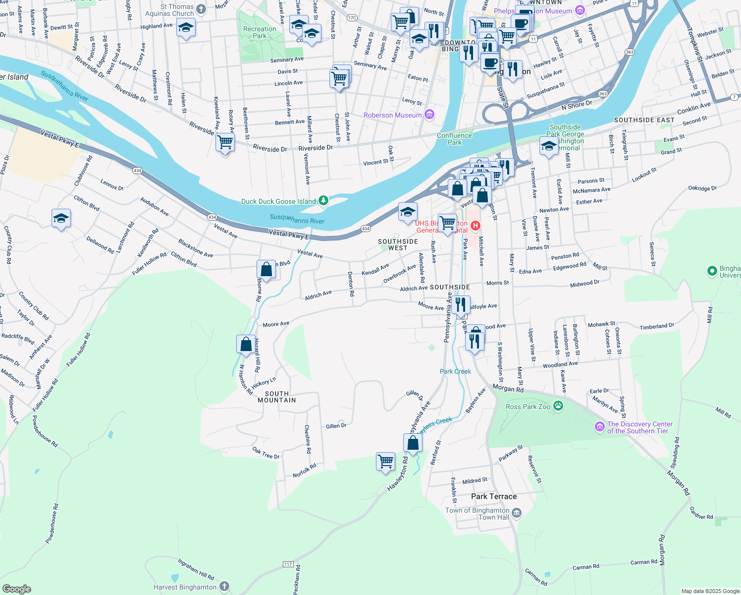 map of restaurants, bars, coffee shops, grocery stores, and more near 31 Chadwick Rd in Binghamton