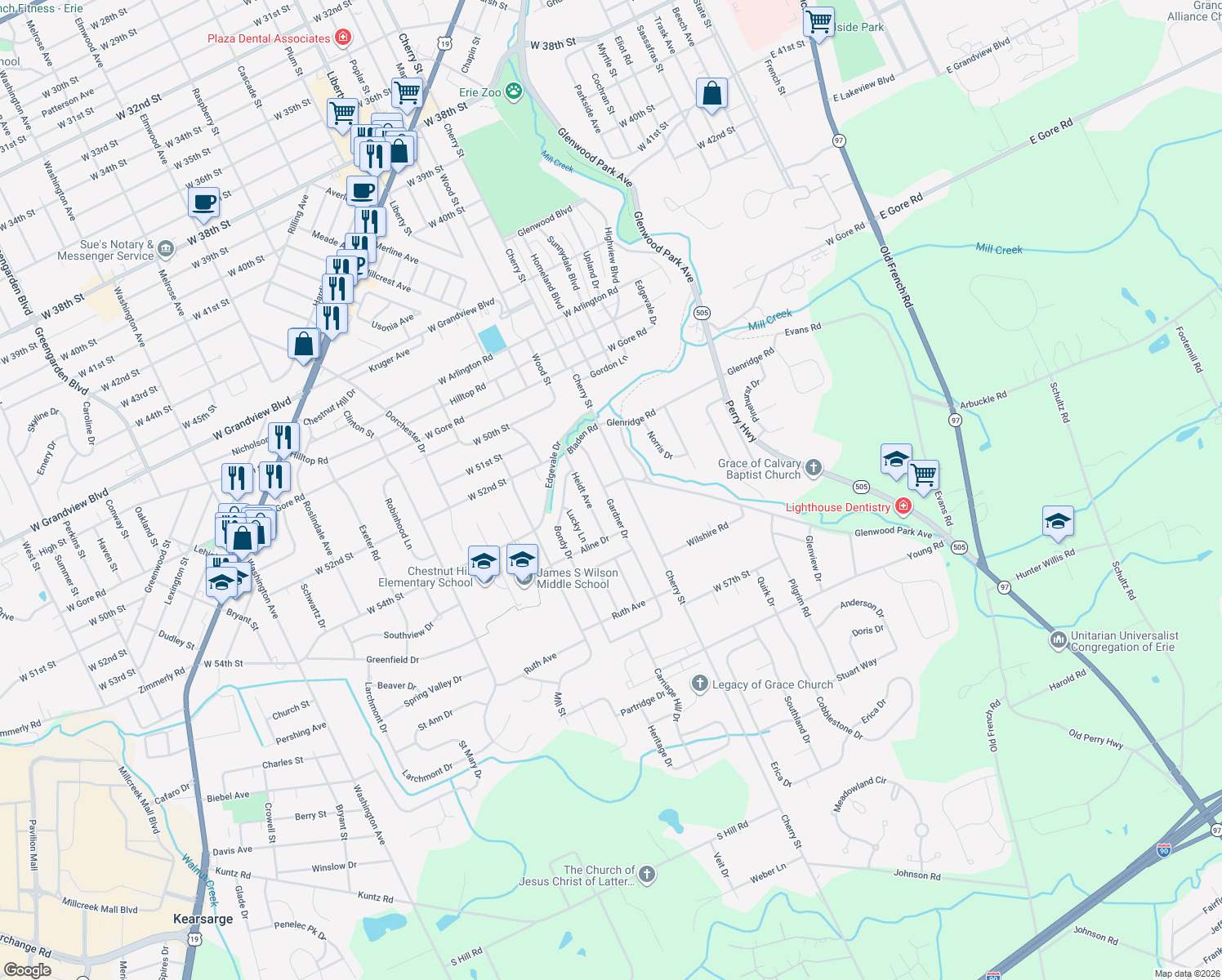 map of restaurants, bars, coffee shops, grocery stores, and more near 5403 Gardner Dr in Erie