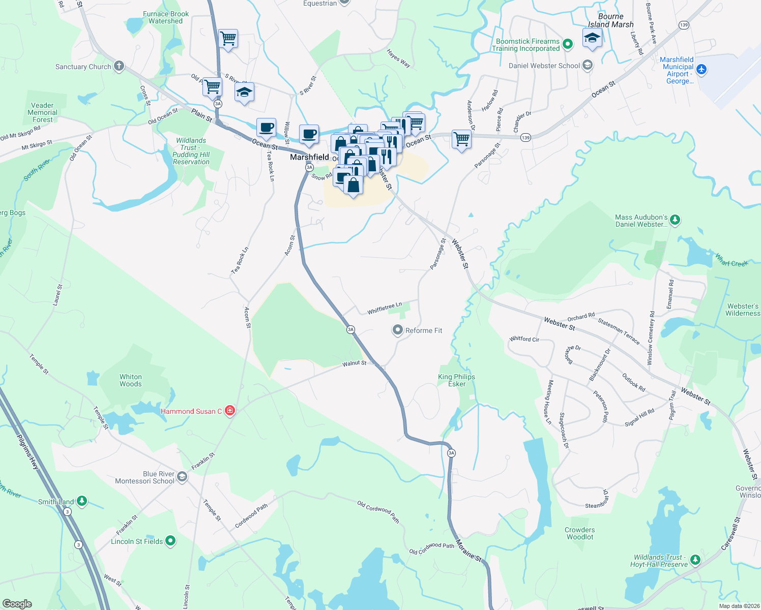 map of restaurants, bars, coffee shops, grocery stores, and more near 60 Whiffletree Lane in Marshfield