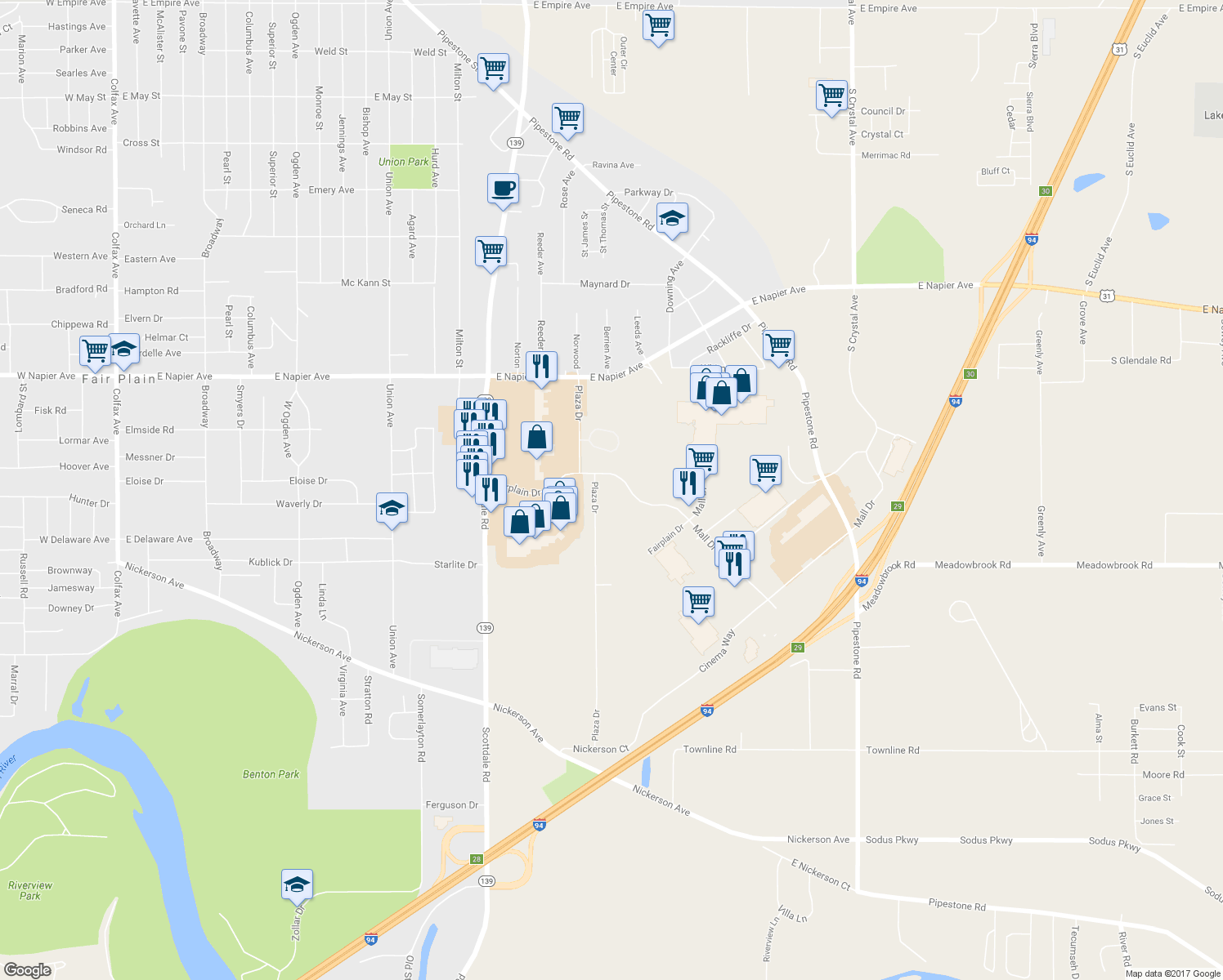 map of restaurants, bars, coffee shops, grocery stores, and more near 1350 Plaza Drive in Benton Harbor