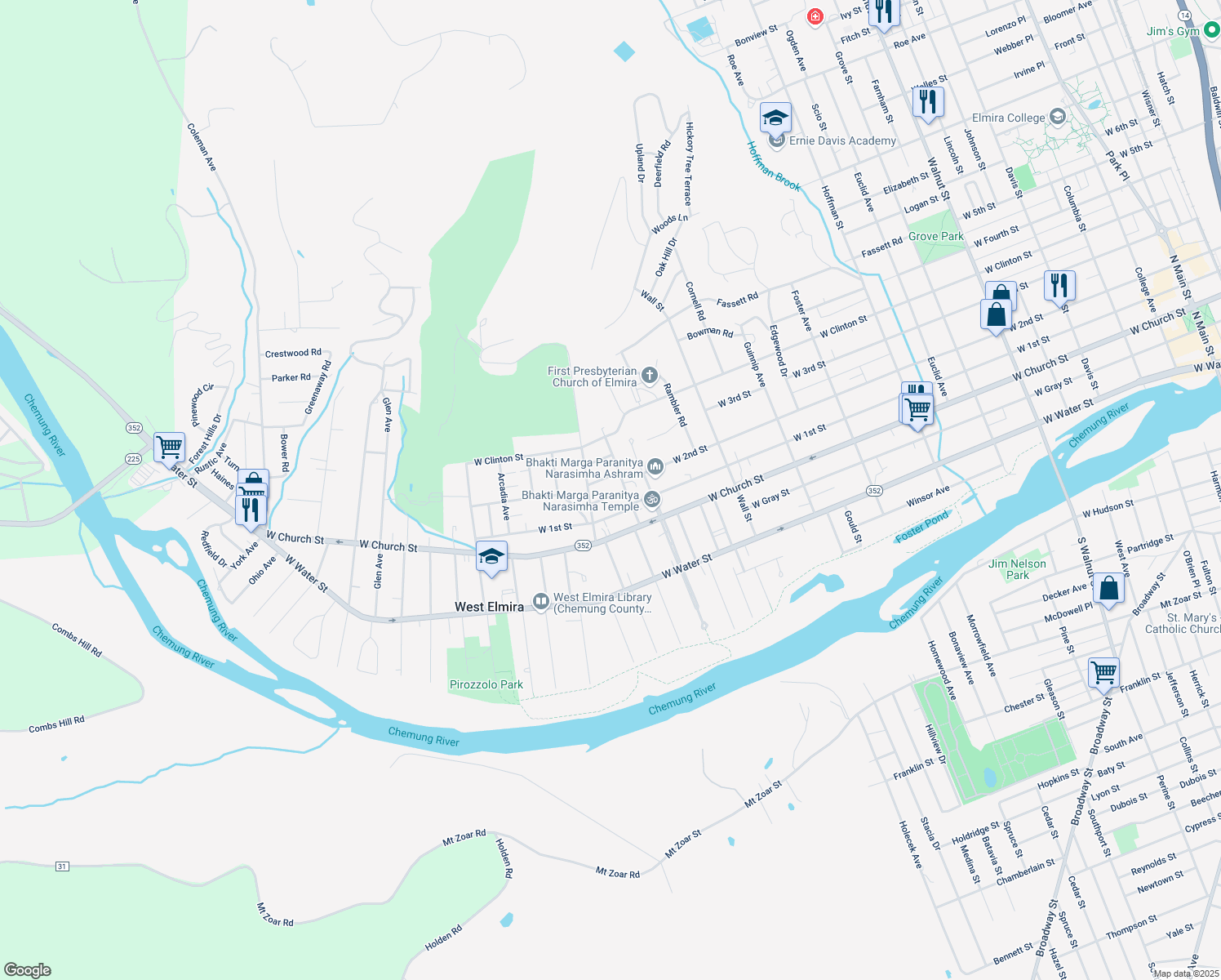 map of restaurants, bars, coffee shops, grocery stores, and more near 1156 Draper Ave in Elmira
