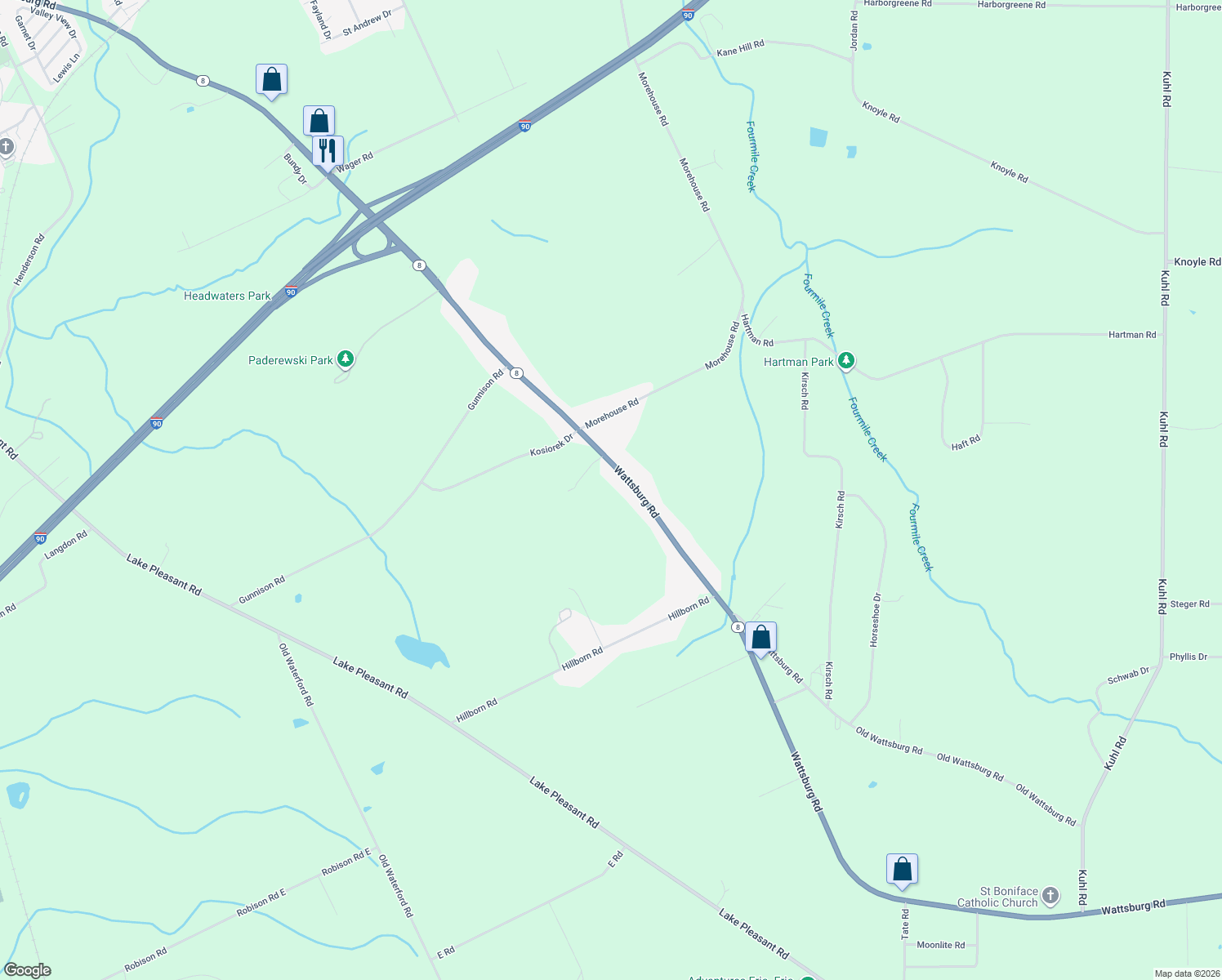 map of restaurants, bars, coffee shops, grocery stores, and more near 8494 Wattsburg Rd in Erie