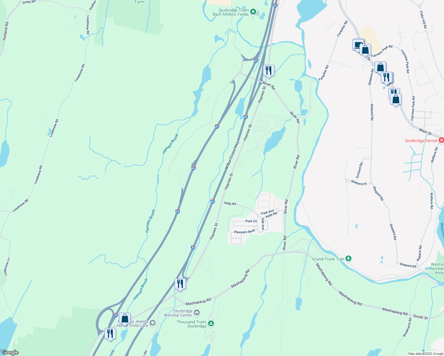 map of restaurants, bars, coffee shops, grocery stores, and more near Interstate 84 in Sturbridge