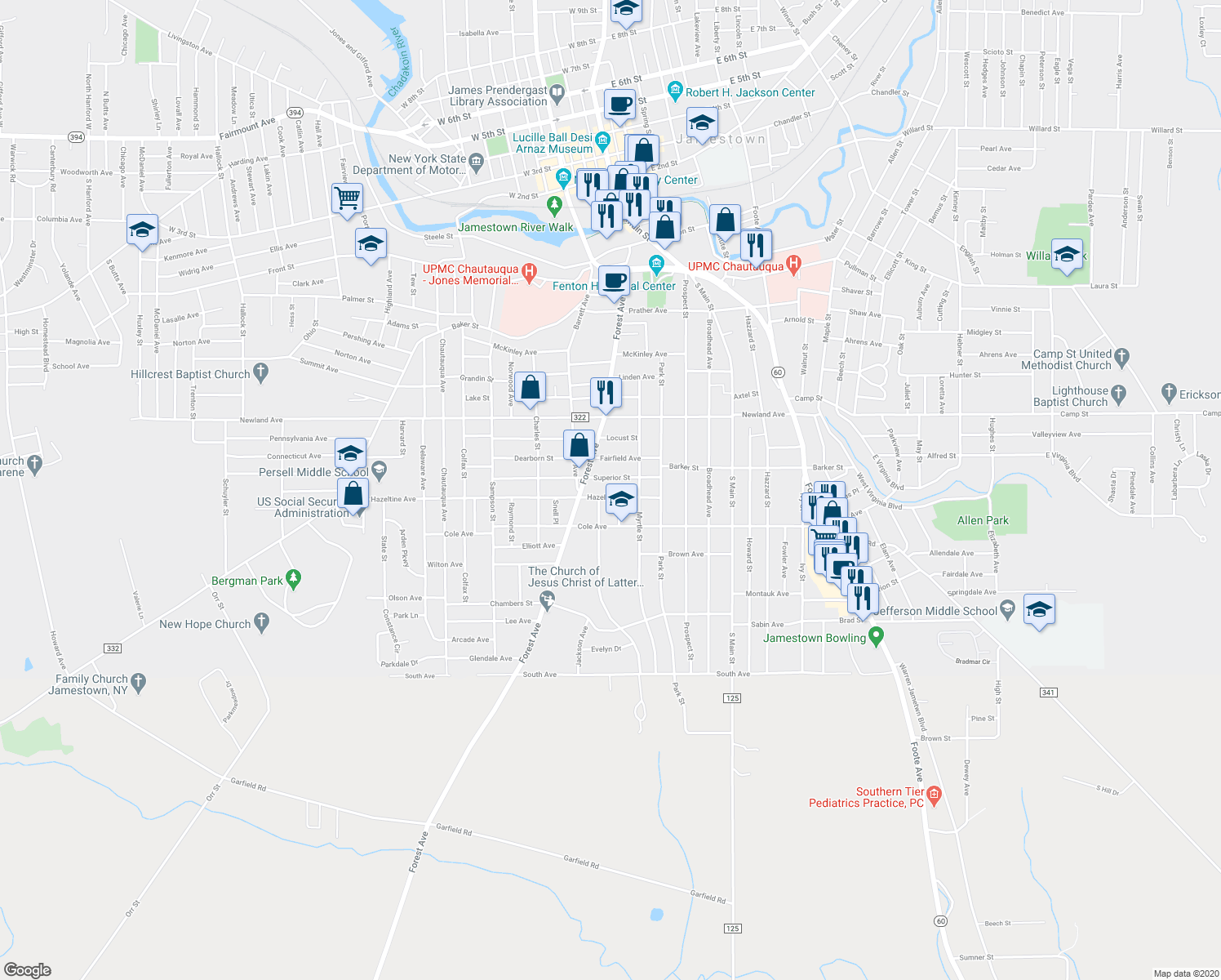 map of restaurants, bars, coffee shops, grocery stores, and more near 125 Superior Street in Jamestown